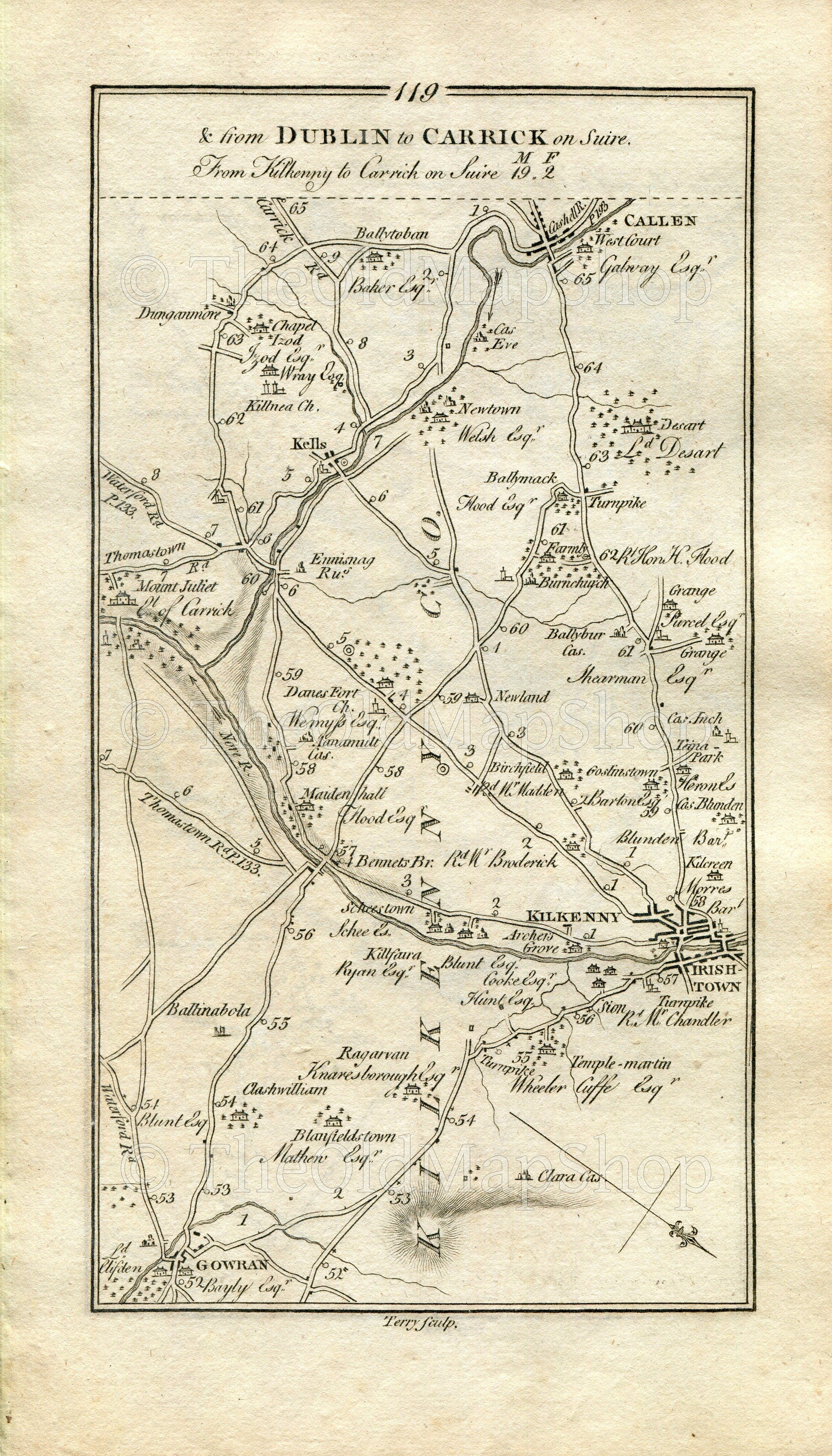 1778 Taylor & Skinner Antique Ireland Road Map 119/120 Kilkenny Irishtown Mount Juliet Kells Callan Carrick-On-Suir Kilcash Ninemilehouse