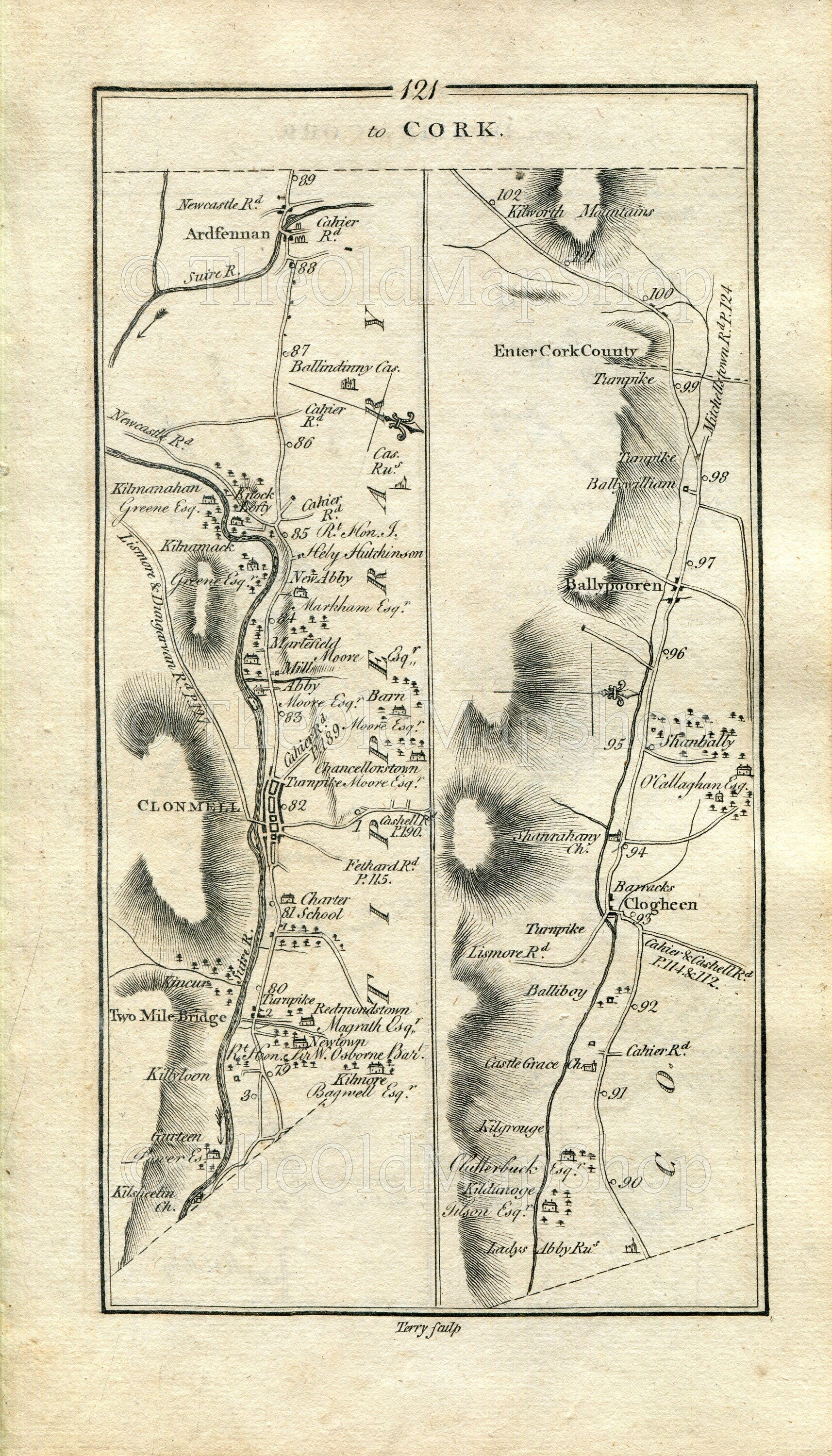 1778 Taylor & Skinner Antique Ireland Road Map 121/122 Clonmel Killaloan Marlfield Ardfinnan Kilworth Fermoy Rathcormac Watergrasshill Cork