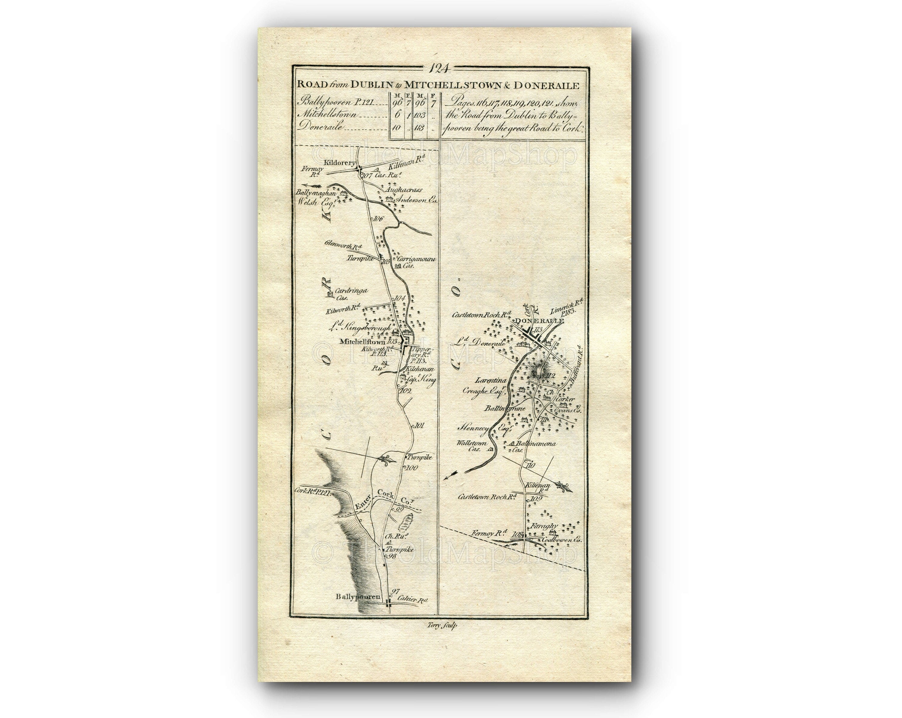 1778 Taylor & Skinner Antique Ireland Road Map 123/124 Ballyhooly Castletownroche Mallow Ballyporeen Mitchelstown Kildorrery Doneraile Cork