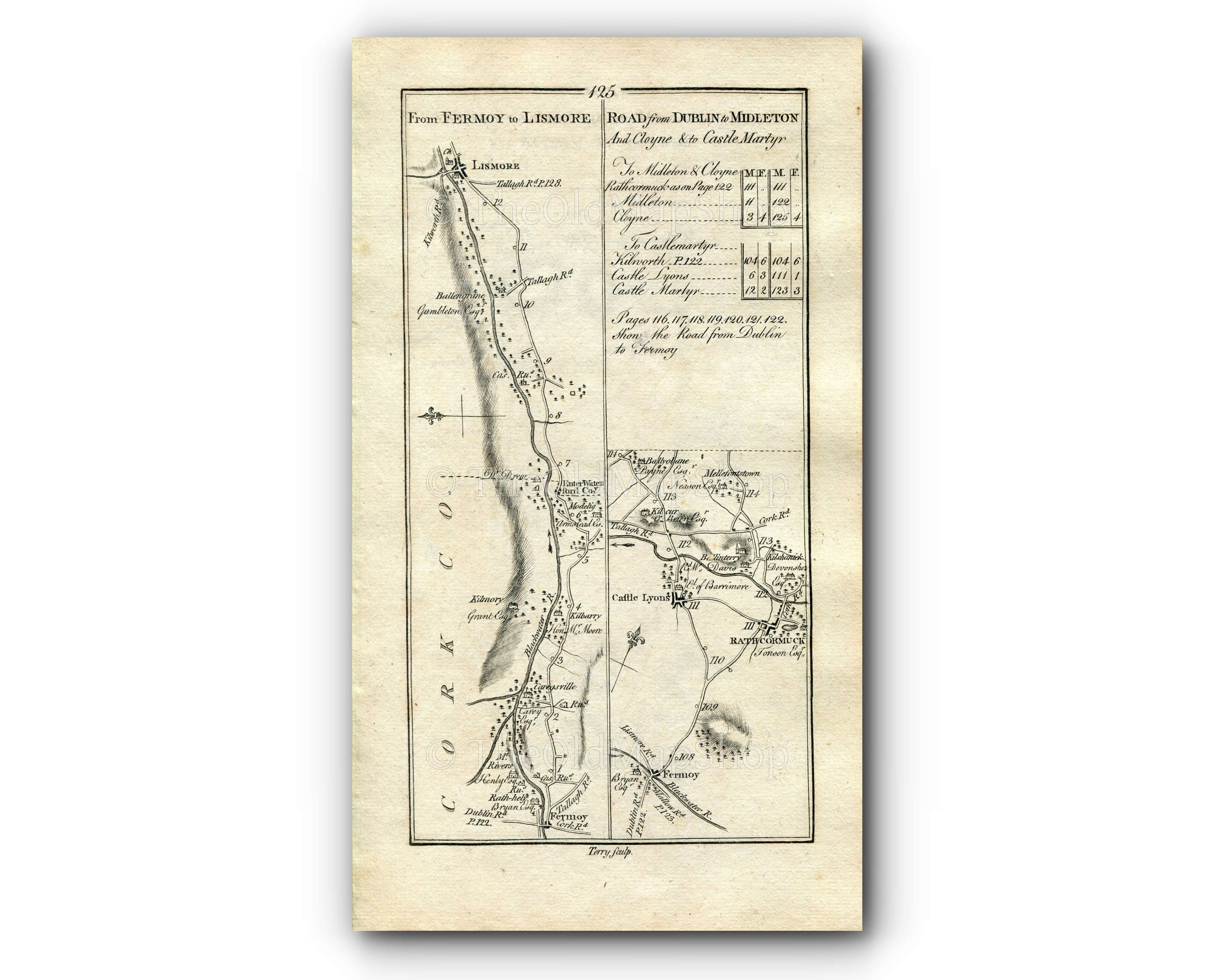 1778 Taylor & Skinner Antique Ireland Road Map 125/126 Fermoy Kilmurry Lismore Castlelyons Castlemartyr Cloyne Midleton Mogeely Dungourney