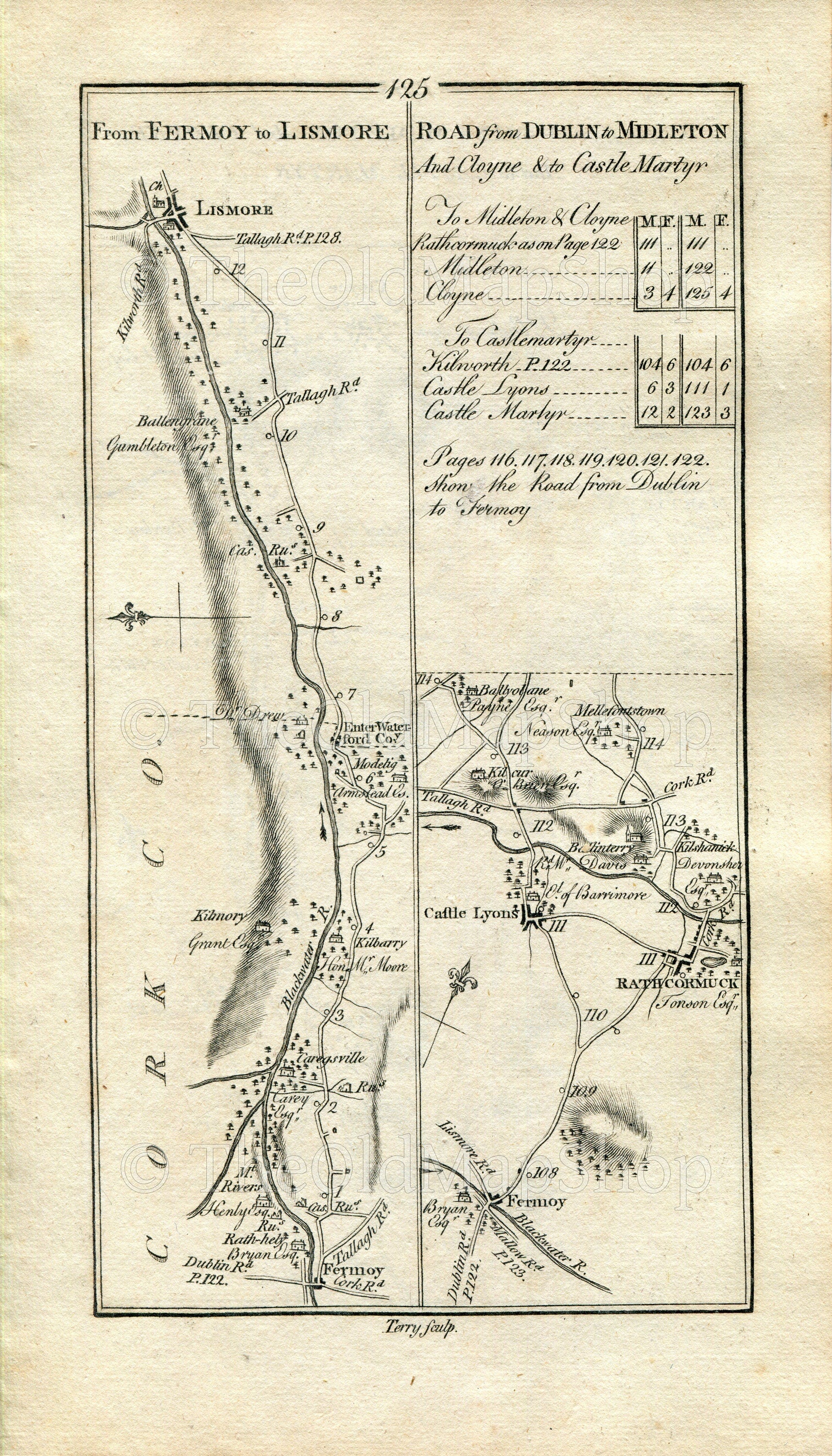 1778 Taylor & Skinner Antique Ireland Road Map 125/126 Fermoy Kilmurry Lismore Castlelyons Castlemartyr Cloyne Midleton Mogeely Dungourney