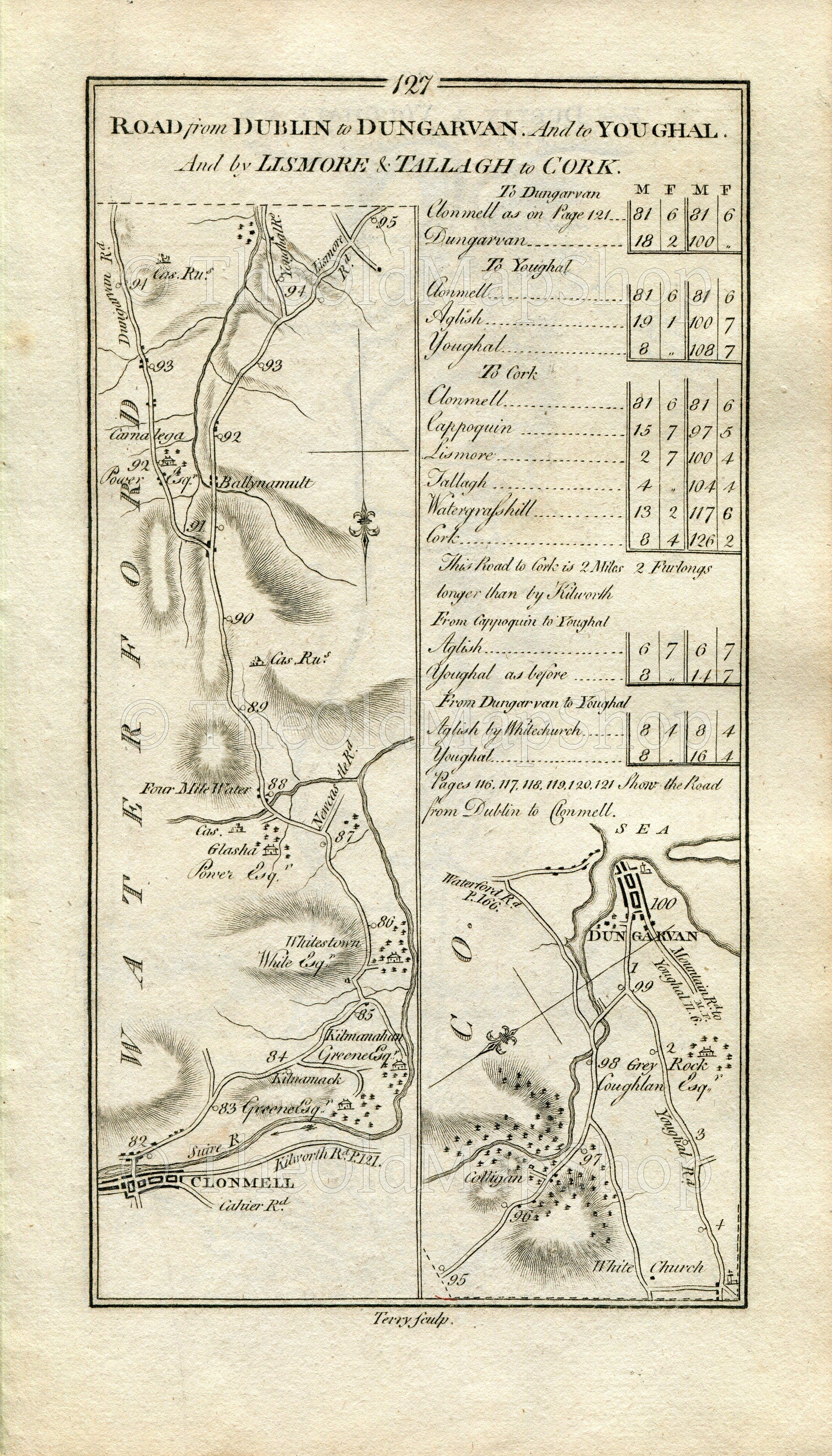 1778 Taylor & Skinner Antique Ireland Road Map 127/128 Kilmanahan Fourmilewater Dungarvan Lismore Villerstown Kinsaleneg Ferrypoint Youghal