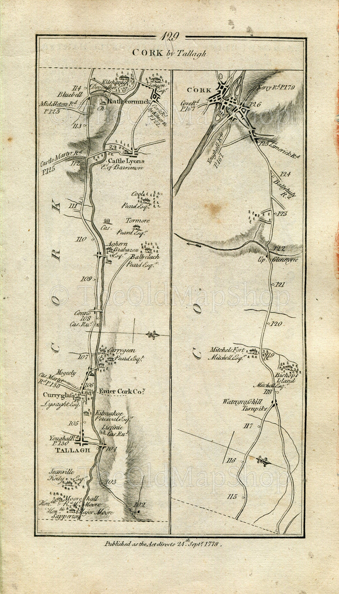 1778 Taylor & Skinner Antique Ireland Road Map 129/130 Tallow Conna Rathcormac Upper Glanmire Cork Dungourney Mogeely Gastlemartyr Youghal