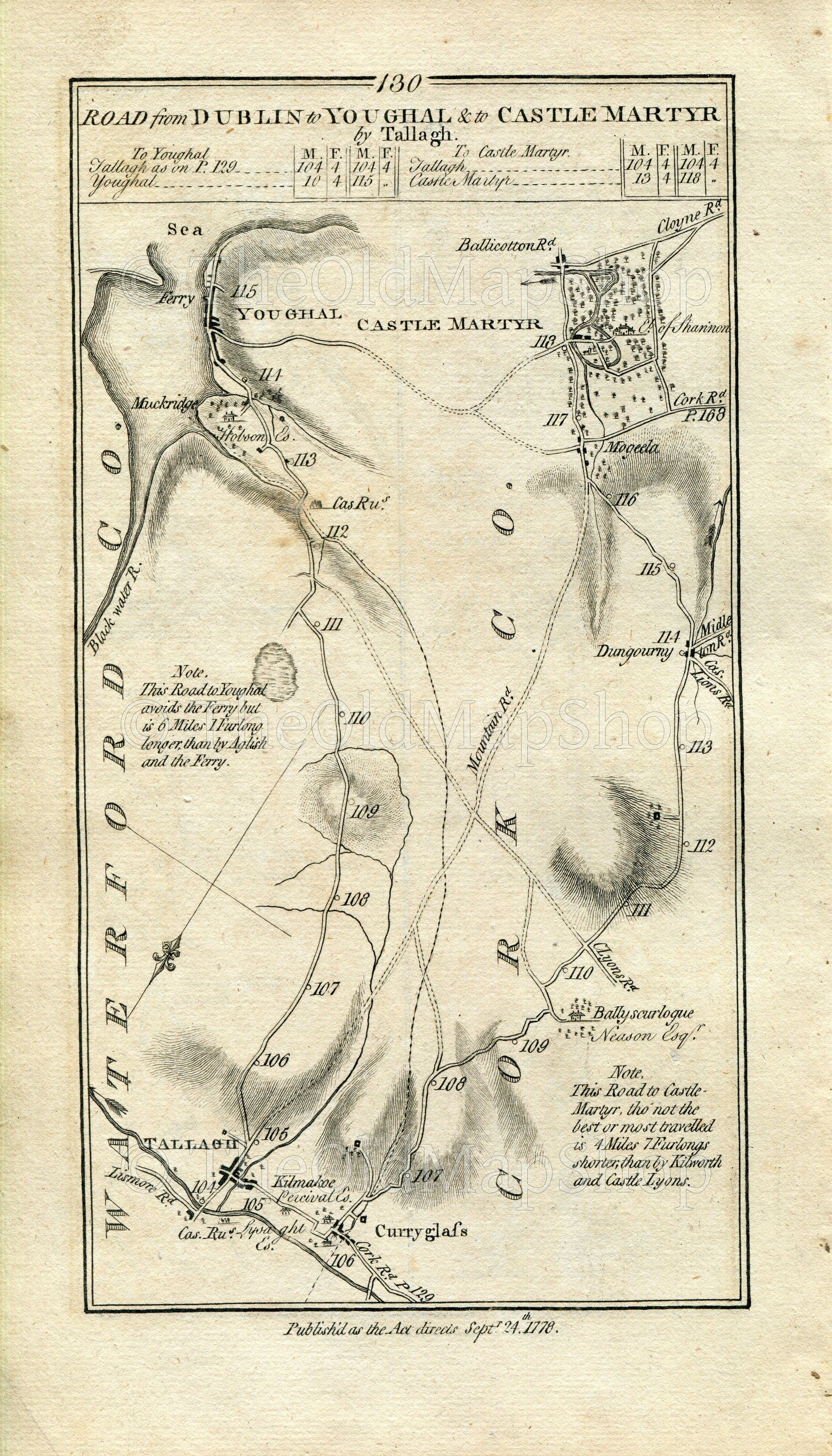 1778 Taylor & Skinner Antique Ireland Road Map 129/130 Tallow Conna Rathcormac Upper Glanmire Cork Dungourney Mogeely Gastlemartyr Youghal