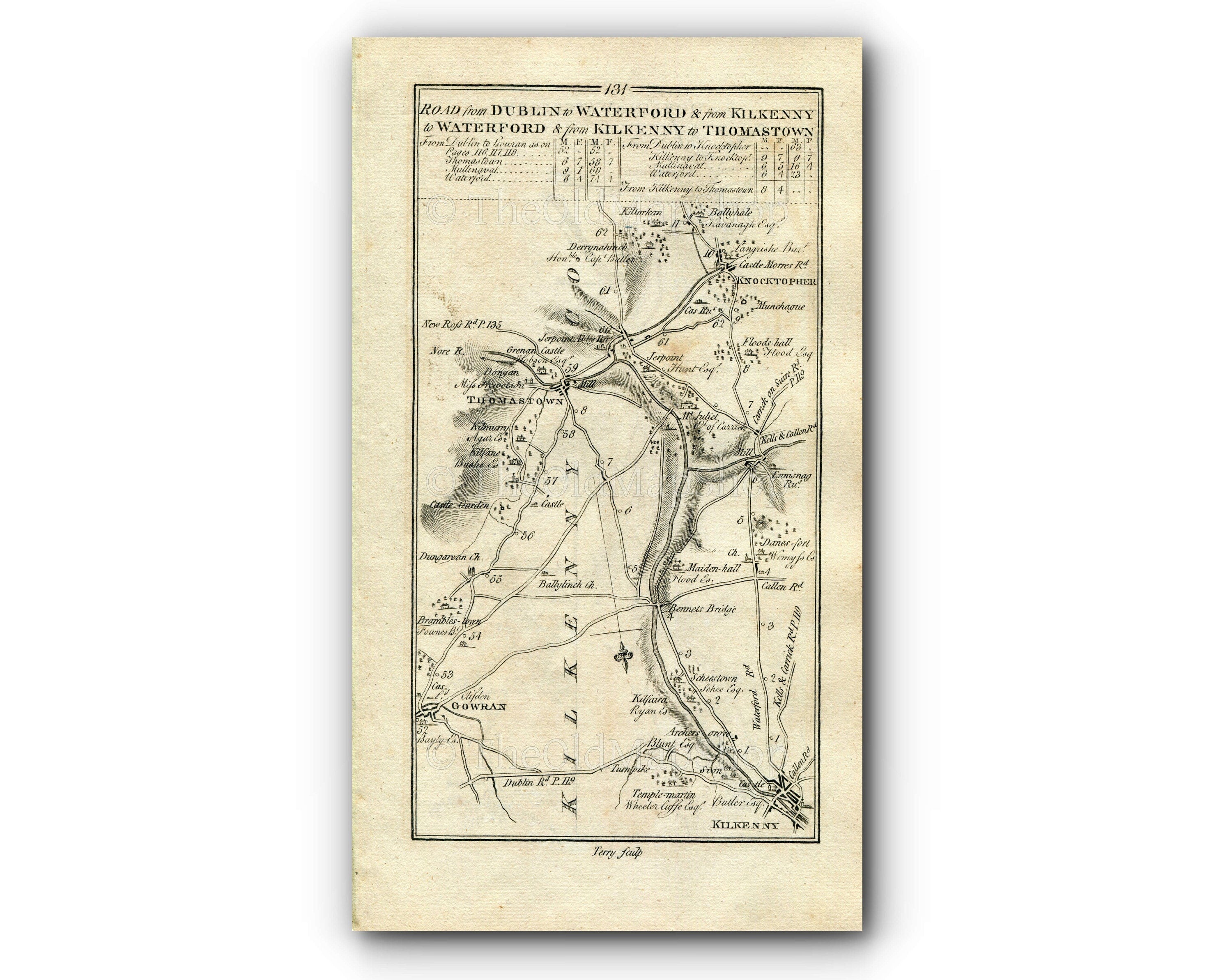 1778 Taylor & Skinner Antique Ireland Road Map 131/132 Kilfera Gowran Bennettsbridge Knocktopher Thomastown Kilmacow Waterford Kilkenny