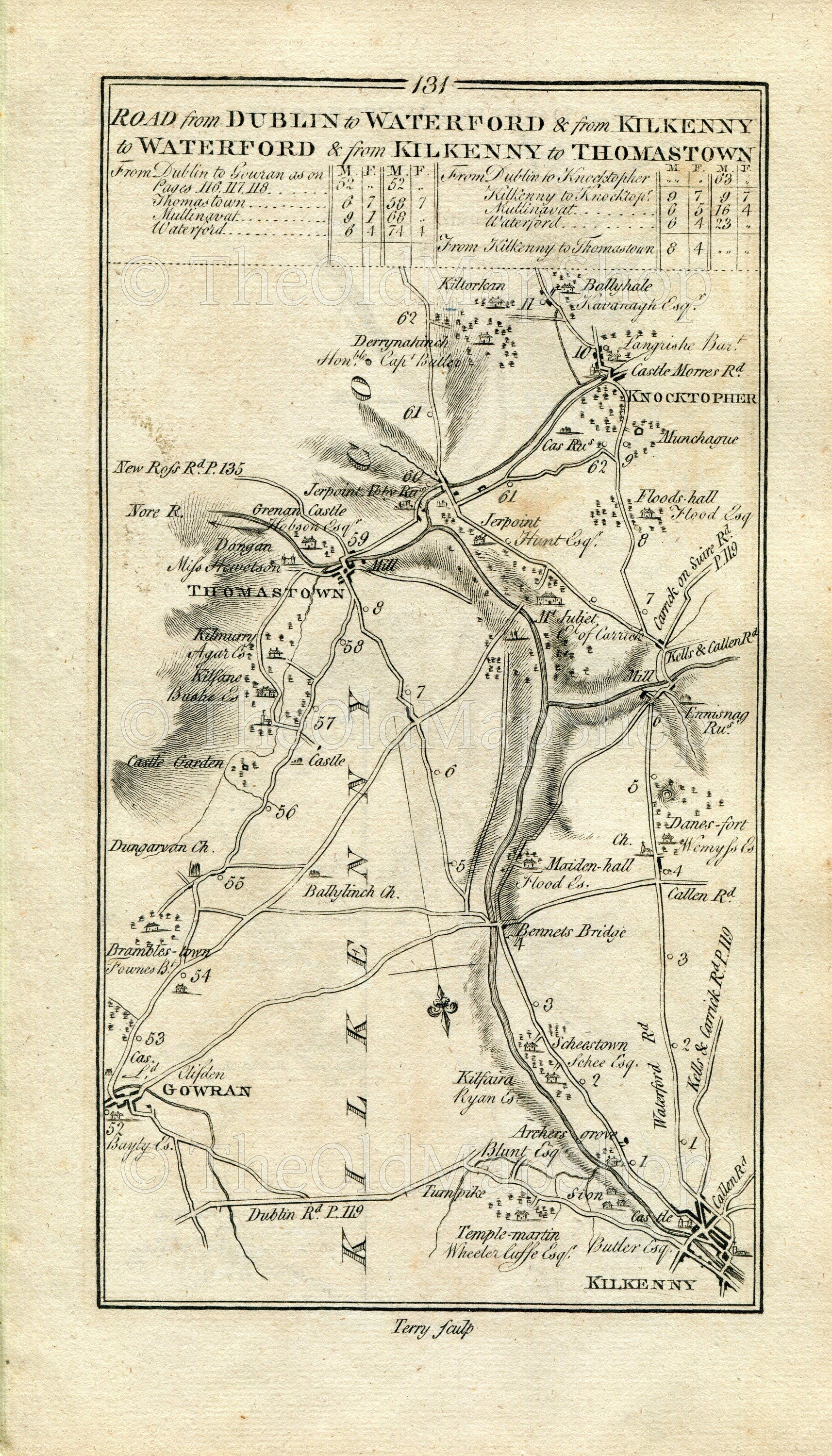 1778 Taylor & Skinner Antique Ireland Road Map 131/132 Kilfera Gowran Bennettsbridge Knocktopher Thomastown Kilmacow Waterford Kilkenny
