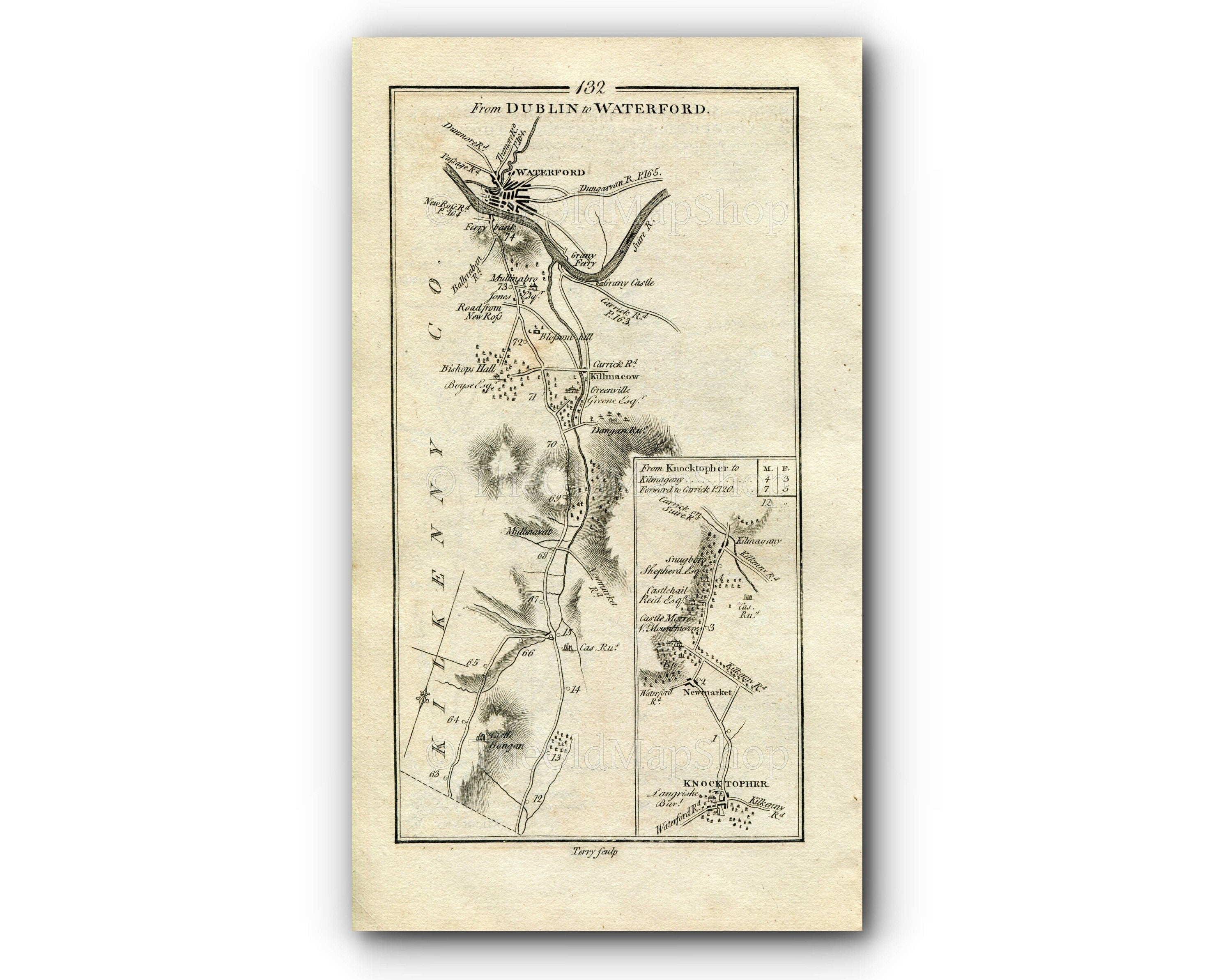 1778 Taylor & Skinner Antique Ireland Road Map 131/132 Kilfera Gowran Bennettsbridge Knocktopher Thomastown Kilmacow Waterford Kilkenny