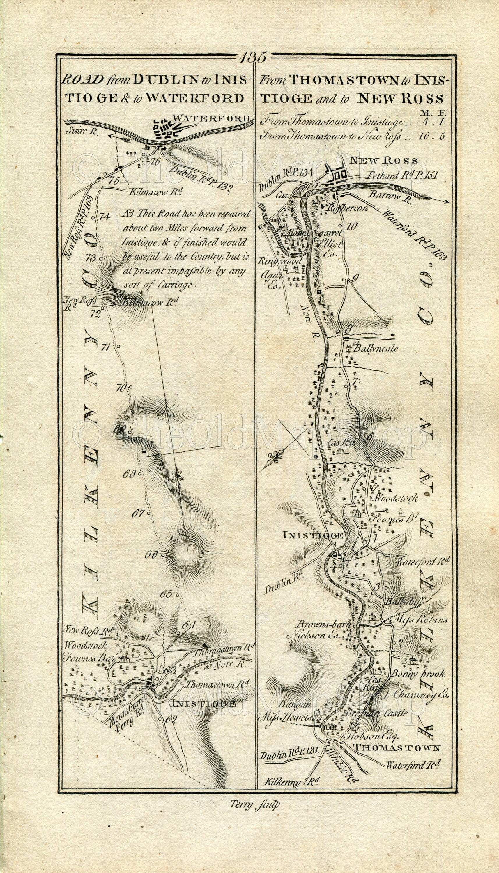 1778 Taylor & Skinner Antique Ireland Road Map 135/136 Inistioge Woodstock Waterford Thomastown Kilcullen Ballylinan Kilkenny Kildare Laois