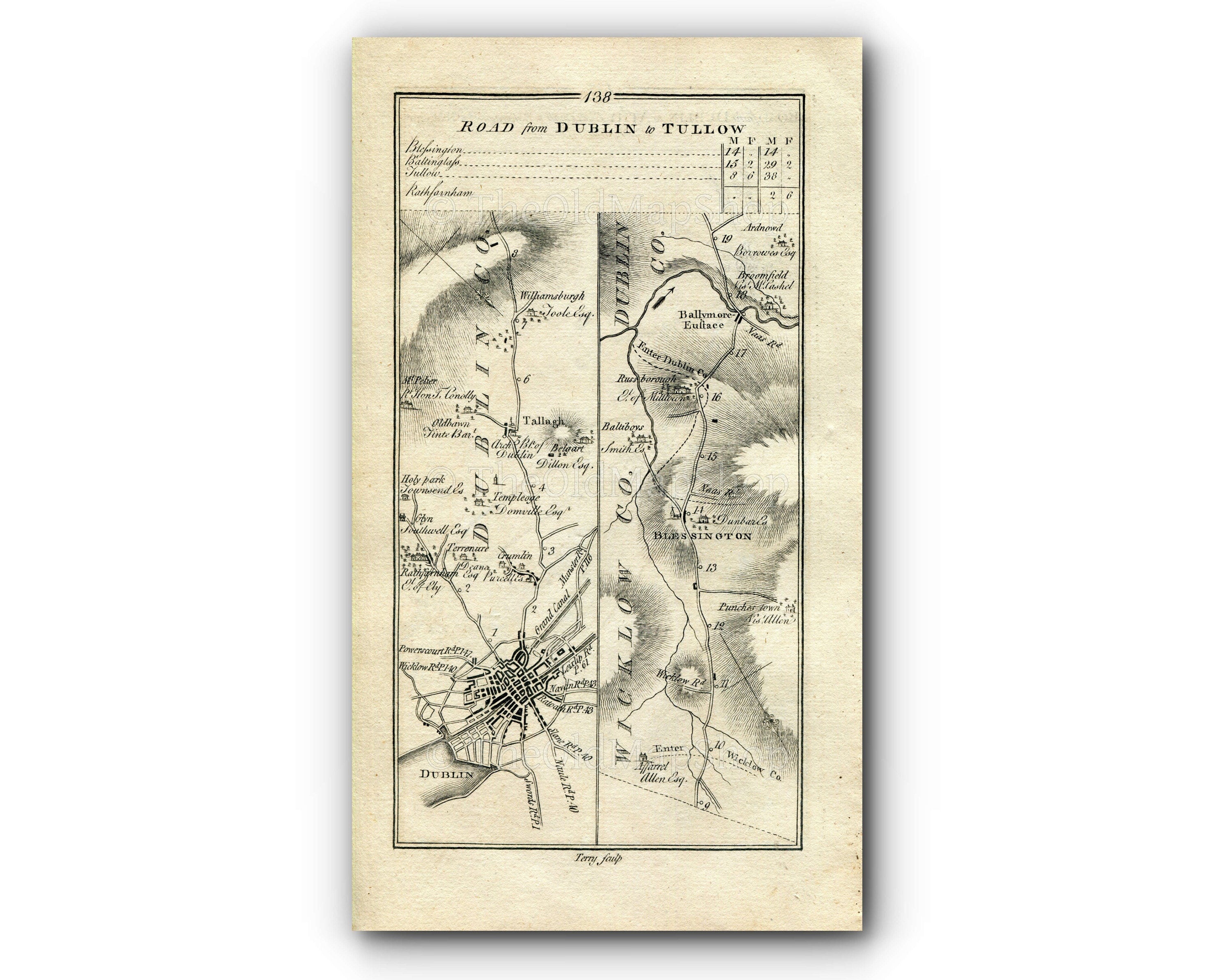 1778 Taylor & Skinner Antique Ireland Road Map 137/138 Kilkenny Ballyragget Castlecorner Dublin Tallaght Russborough Ballymore Eustace