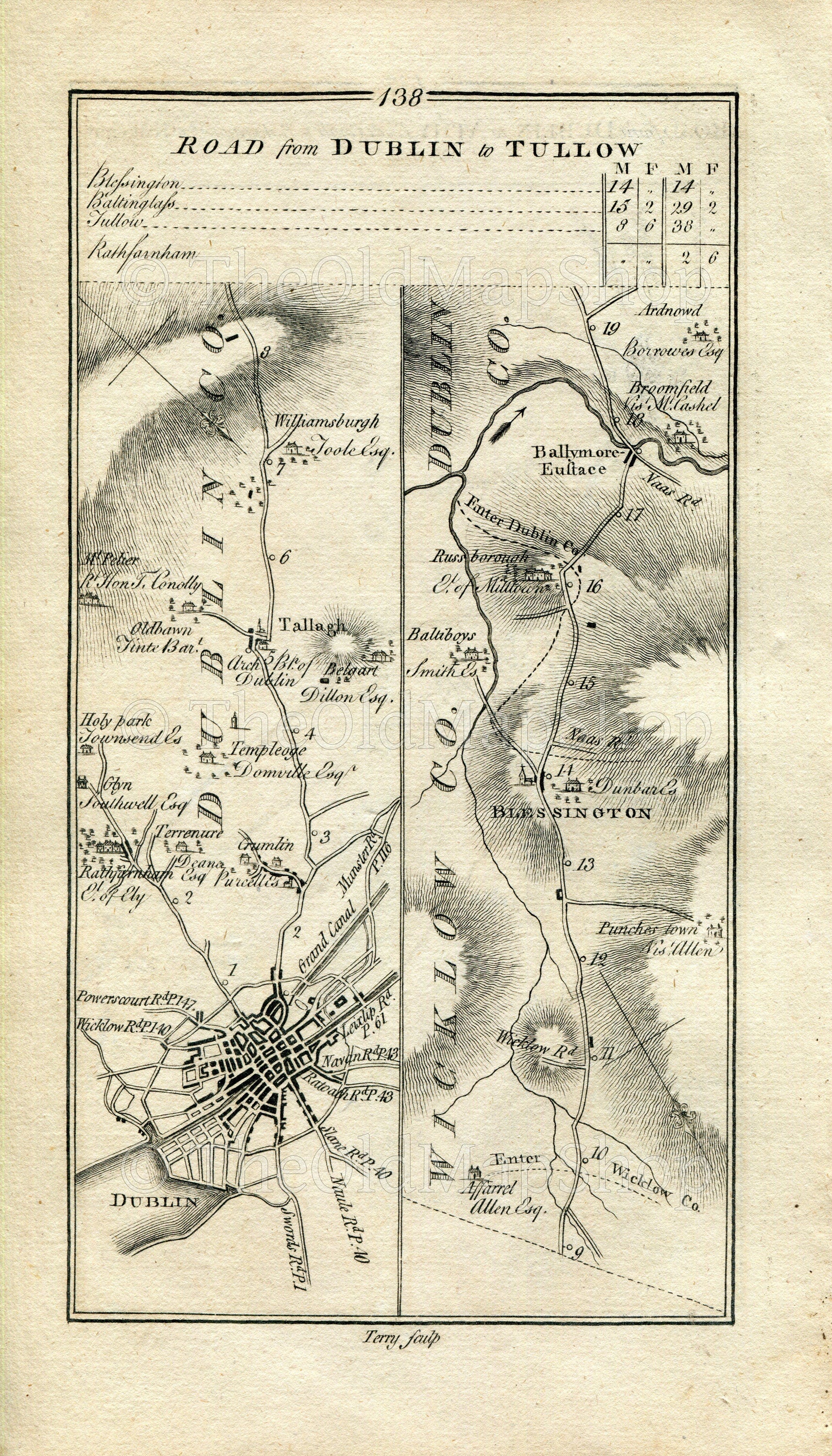 1778 Taylor & Skinner Antique Ireland Road Map 137/138 Kilkenny Ballyragget Castlecorner Dublin Tallaght Russborough Ballymore Eustace