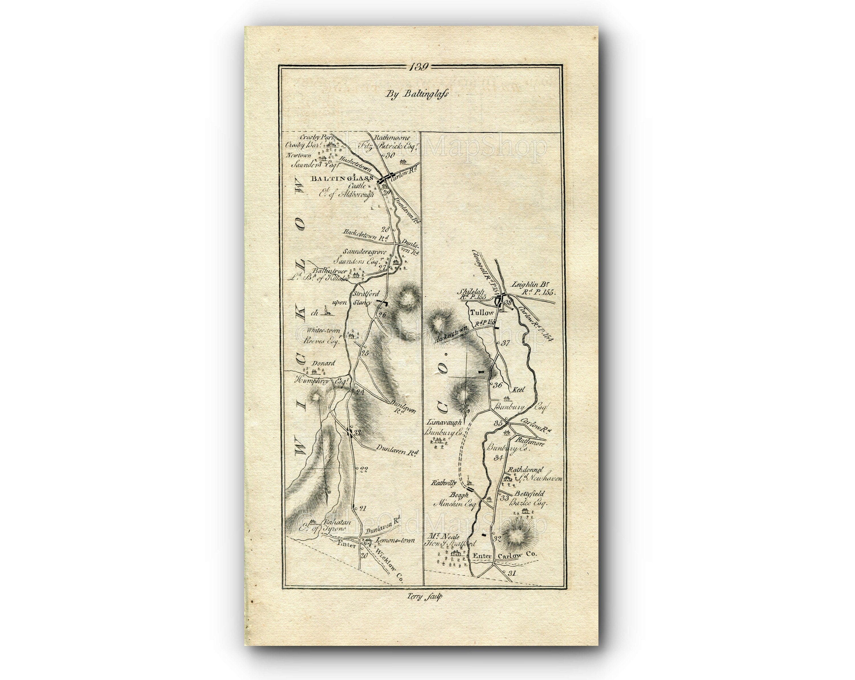 1778 Taylor & Skinner Antique Ireland Road Map 139/140 Baltinglass Donard Tullow Dublin Blackrock Rathvilly Lisnavagh Shanganagh Kilruddery