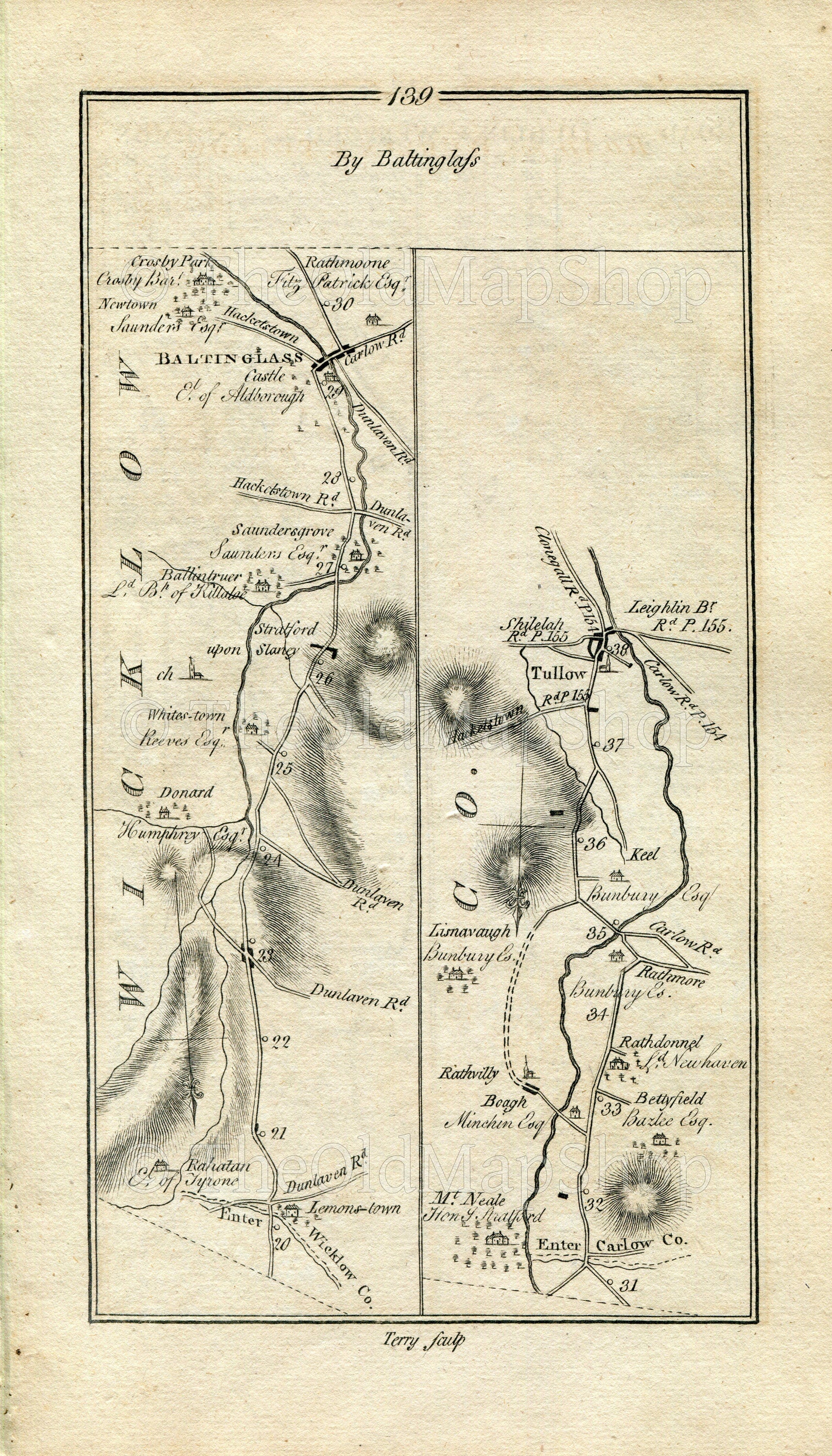 1778 Taylor & Skinner Antique Ireland Road Map 139/140 Baltinglass Donard Tullow Dublin Blackrock Rathvilly Lisnavagh Shanganagh Kilruddery