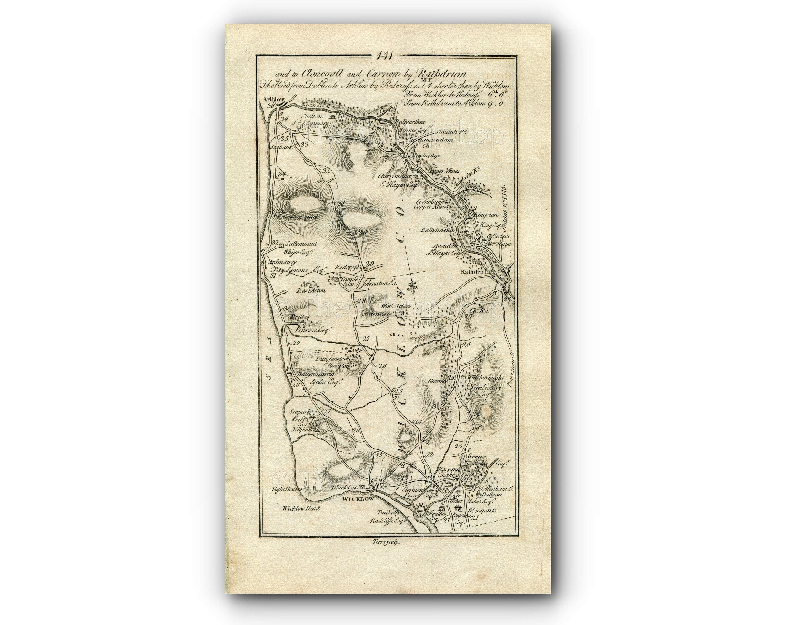 1778 Taylor & Skinner Antique Ireland Road Map 141/142 Wicklow Glenealy Rathdrum Arklow Coolgreany Gorey Clogh Ballinahallin, Enniscorthy