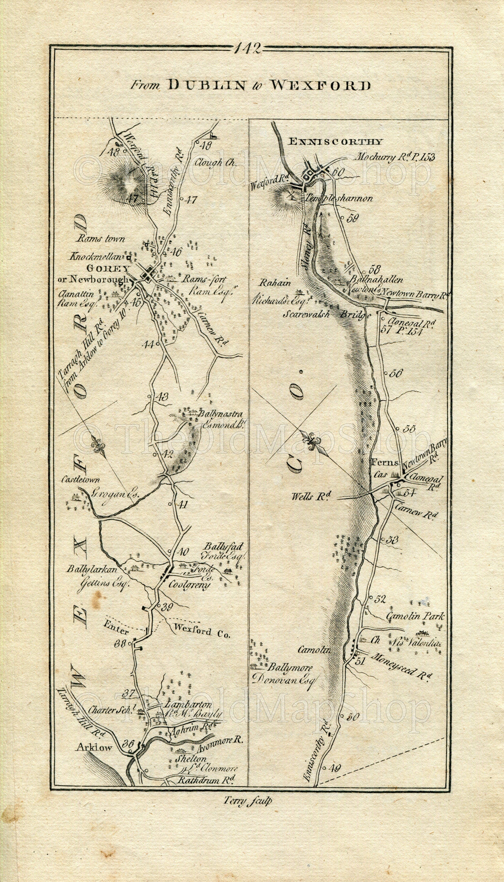 1778 Taylor & Skinner Antique Ireland Road Map 141/142 Wicklow Glenealy Rathdrum Arklow Coolgreany Gorey Clogh Ballinahallin, Enniscorthy