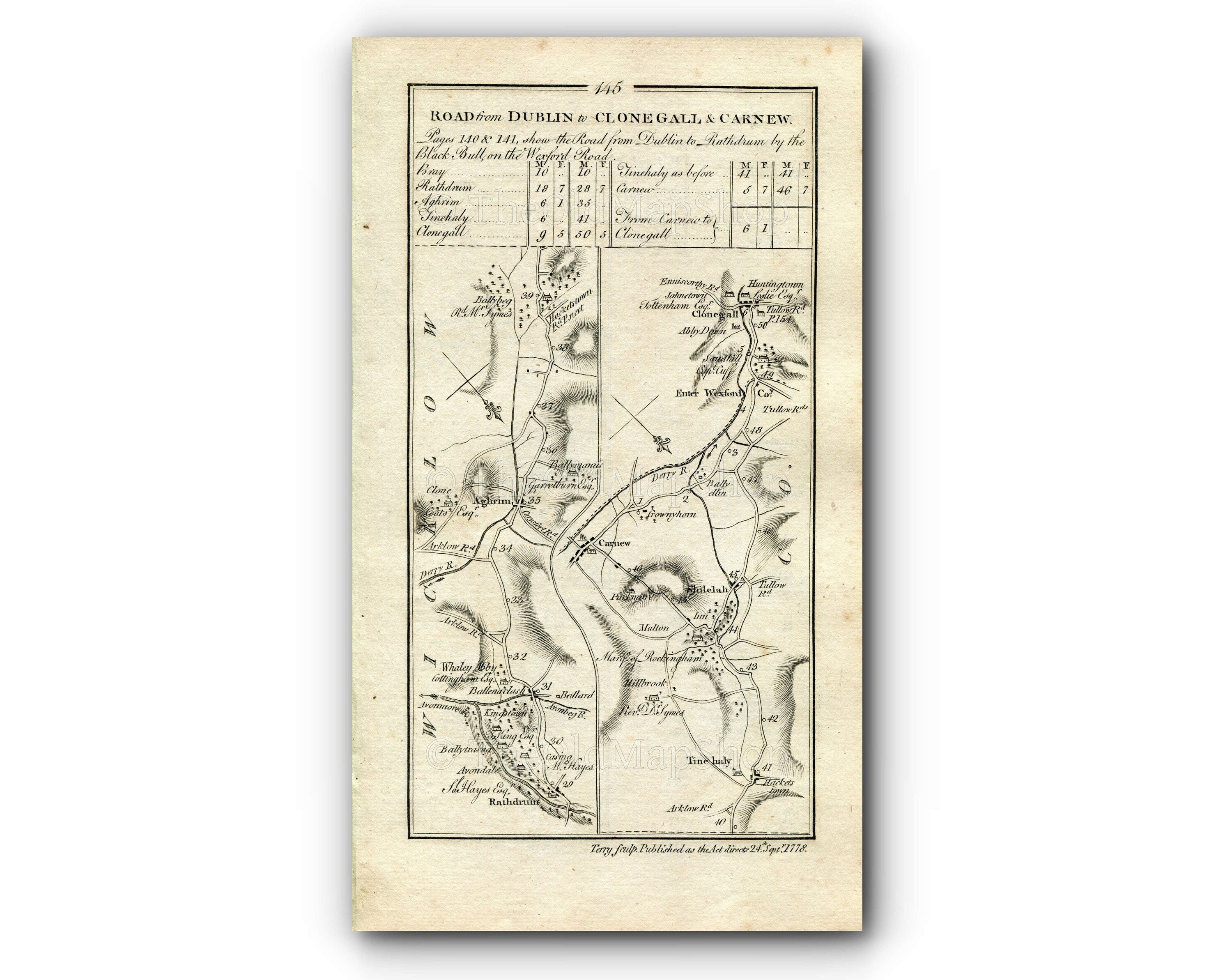 1778 Taylor & Skinner Antique Ireland Road Map 145/146 Rathdrum Ballinaclash Aughrim Croneyhorn Clonegall Hacketstown Ballybeg Carnew Gorey