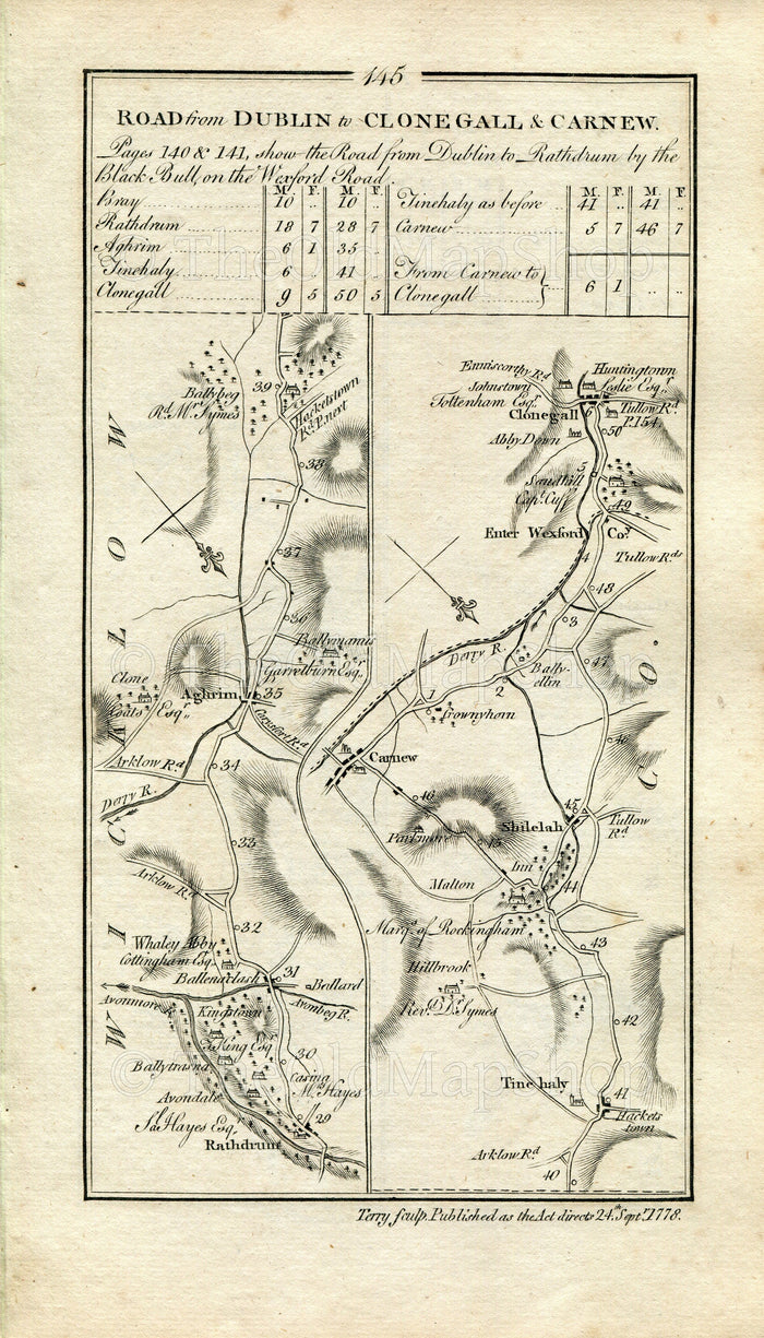 1778 Taylor & Skinner Antique Ireland Road Map 145/146 Rathdrum Ballinaclash Aughrim Croneyhorn Clonegall Hacketstown Ballybeg Carnew Gorey