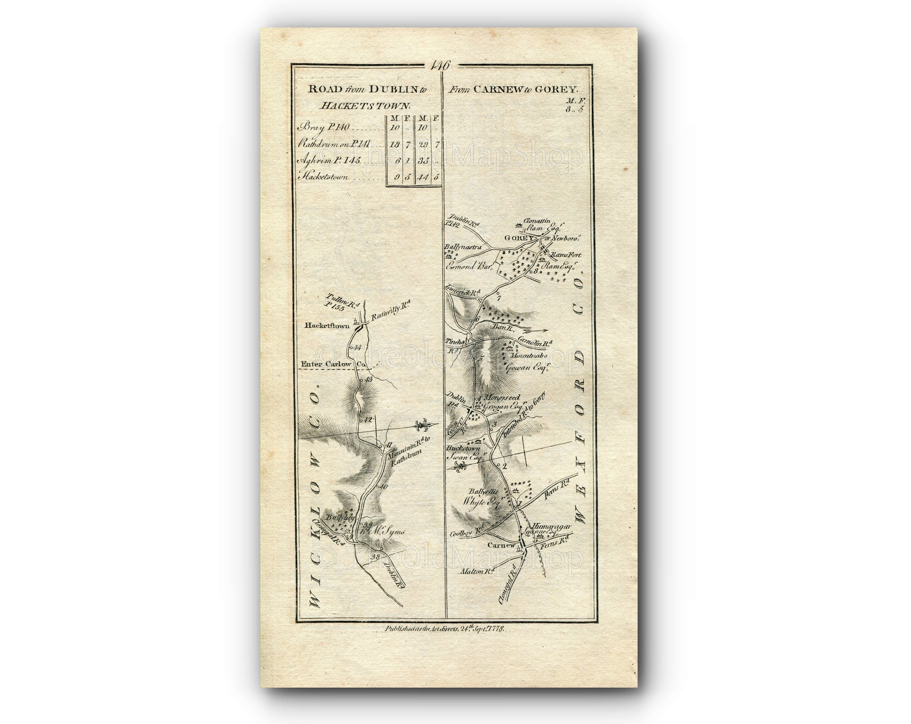 1778 Taylor & Skinner Antique Ireland Road Map 145/146 Rathdrum Ballinaclash Aughrim Croneyhorn Clonegall Hacketstown Ballybeg Carnew Gorey