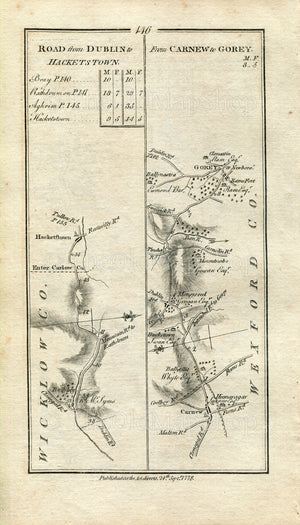 1778 Taylor & Skinner Antique Ireland Road Map 145/146 Rathdrum Ballinaclash Aughrim Croneyhorn Clonegall Hacketstown Ballybeg Carnew Gorey