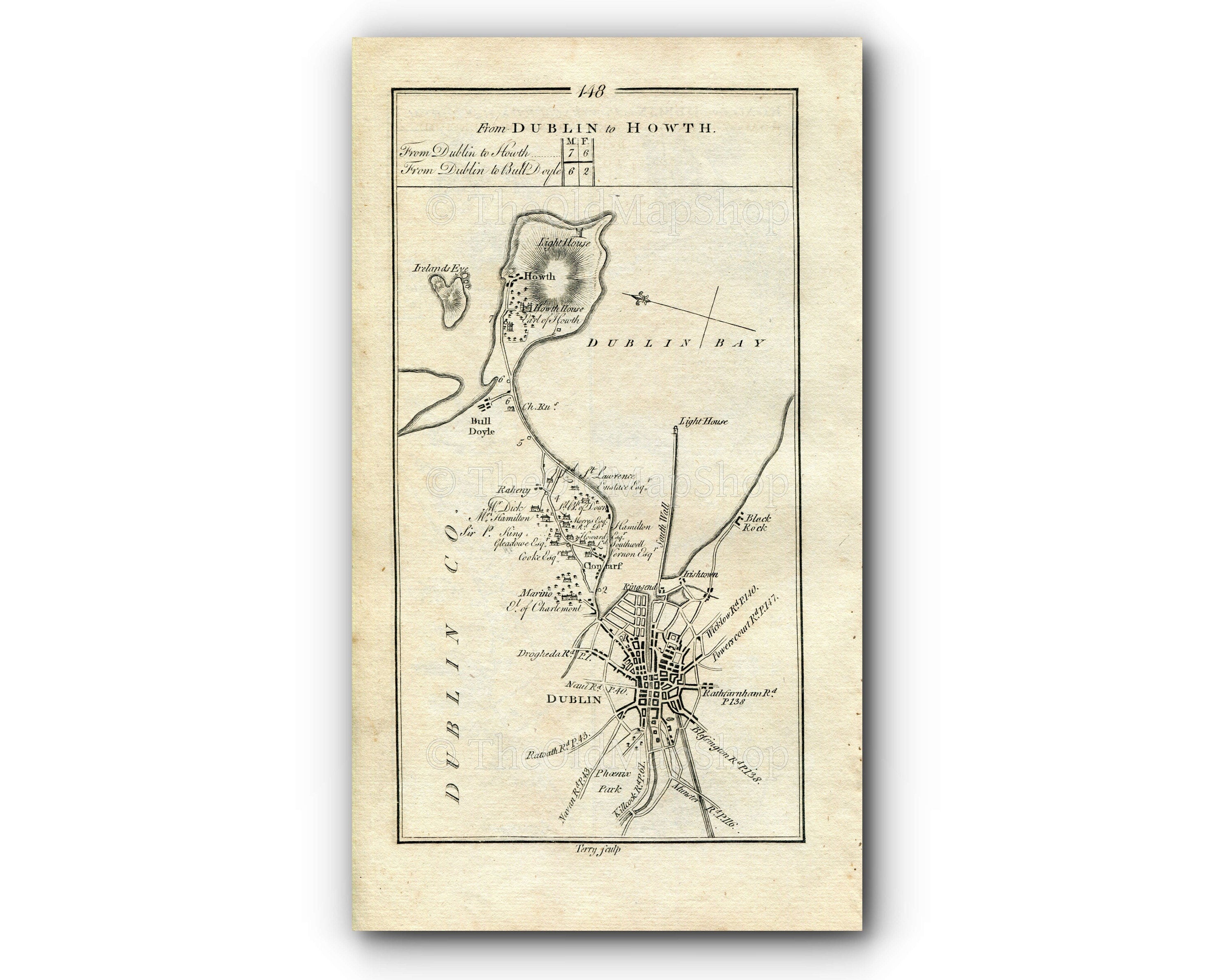 1778 Taylor & Skinner Antique Ireland Road Map 147/148 Dublin Milltown Sandyford Enniskerry Roundwood Rathdrum Clonarf Raheny Baldoyle Howth