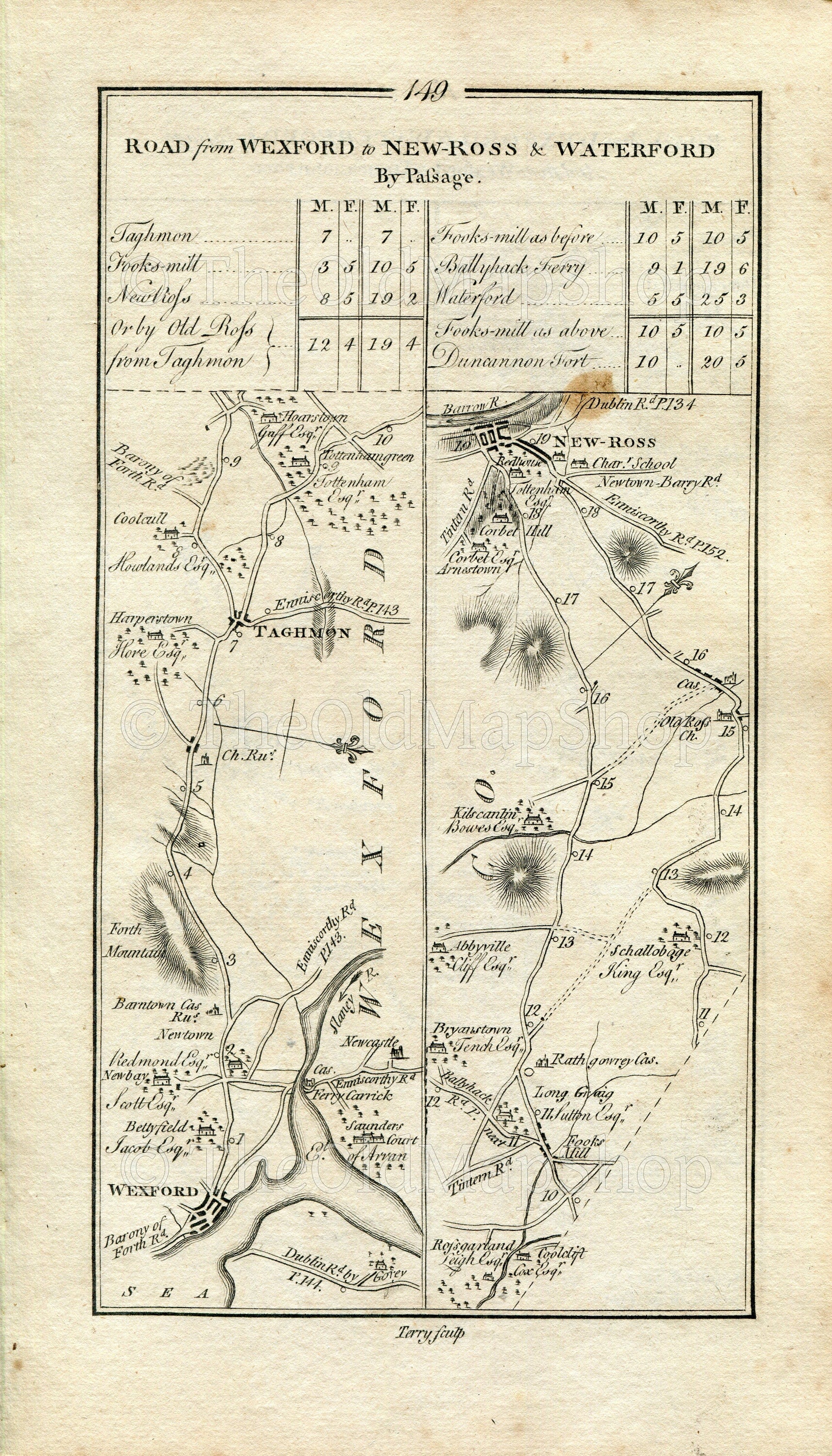 1778 Taylor & Skinner Antique Ireland Road Map 149/150 Wexford Taghmon New Ross Duncannon Waterford Faithlegge Ballyhack Horetown
