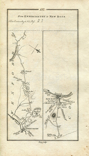 1778 Taylor & Skinner Antique Ireland Road Map 151/152 New Ross Portobello Fethard Wexford Murntown Clonmines Tintern Enniscorthy Clonroche