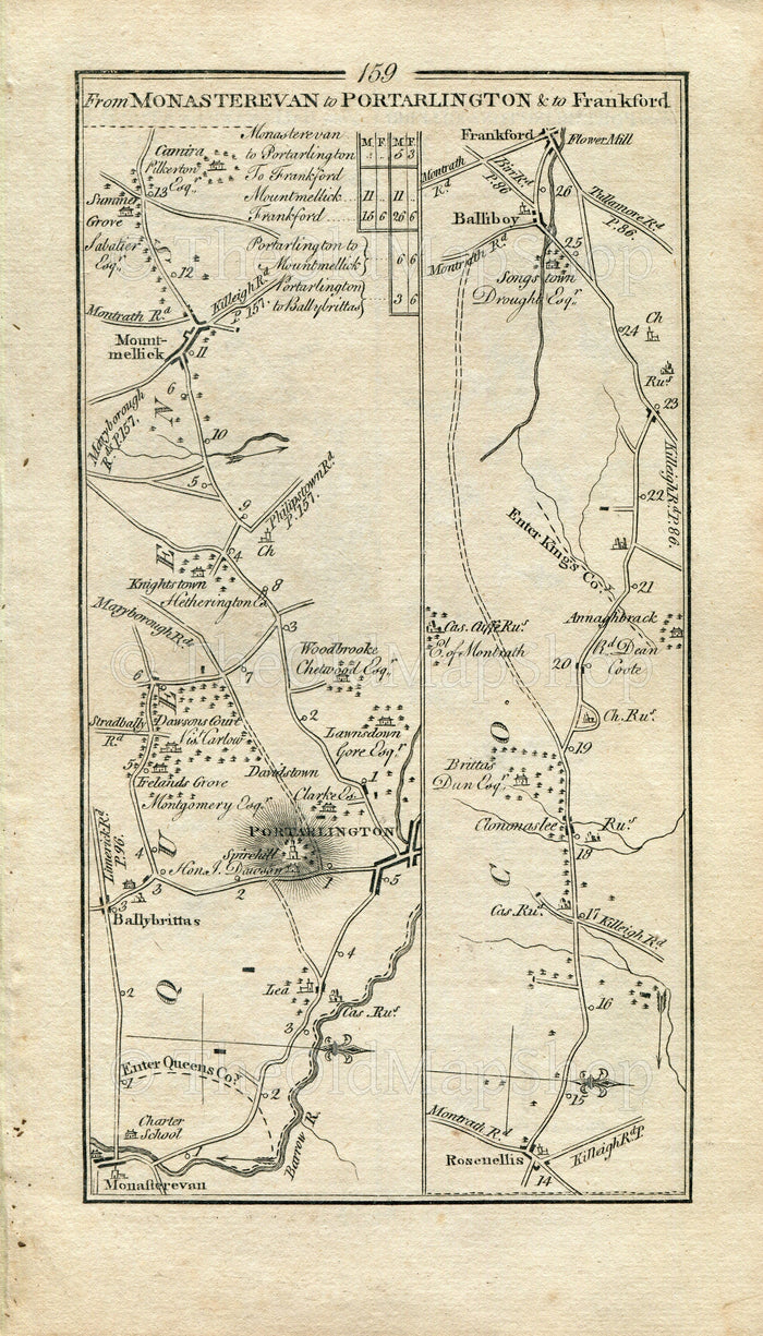 1778 Taylor & Skinner Antique Ireland Road Map 159/160 Portarlington Mountmellick Kilcormac Frankford Clonygowan Killeigh Athy Stradbally