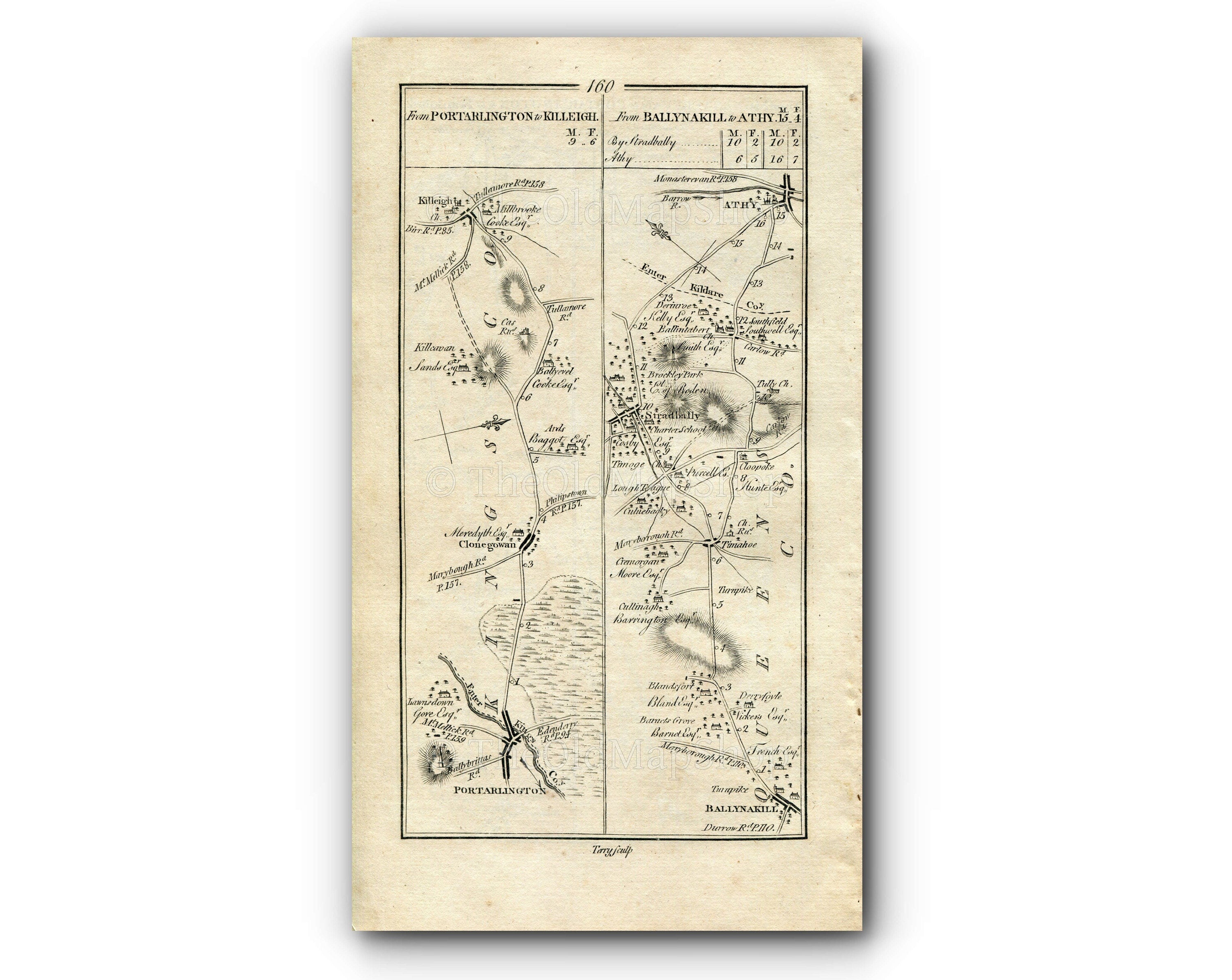 1778 Taylor & Skinner Antique Ireland Road Map 159/160 Portarlington Mountmellick Kilcormac Frankford Clonygowan Killeigh Athy Stradbally