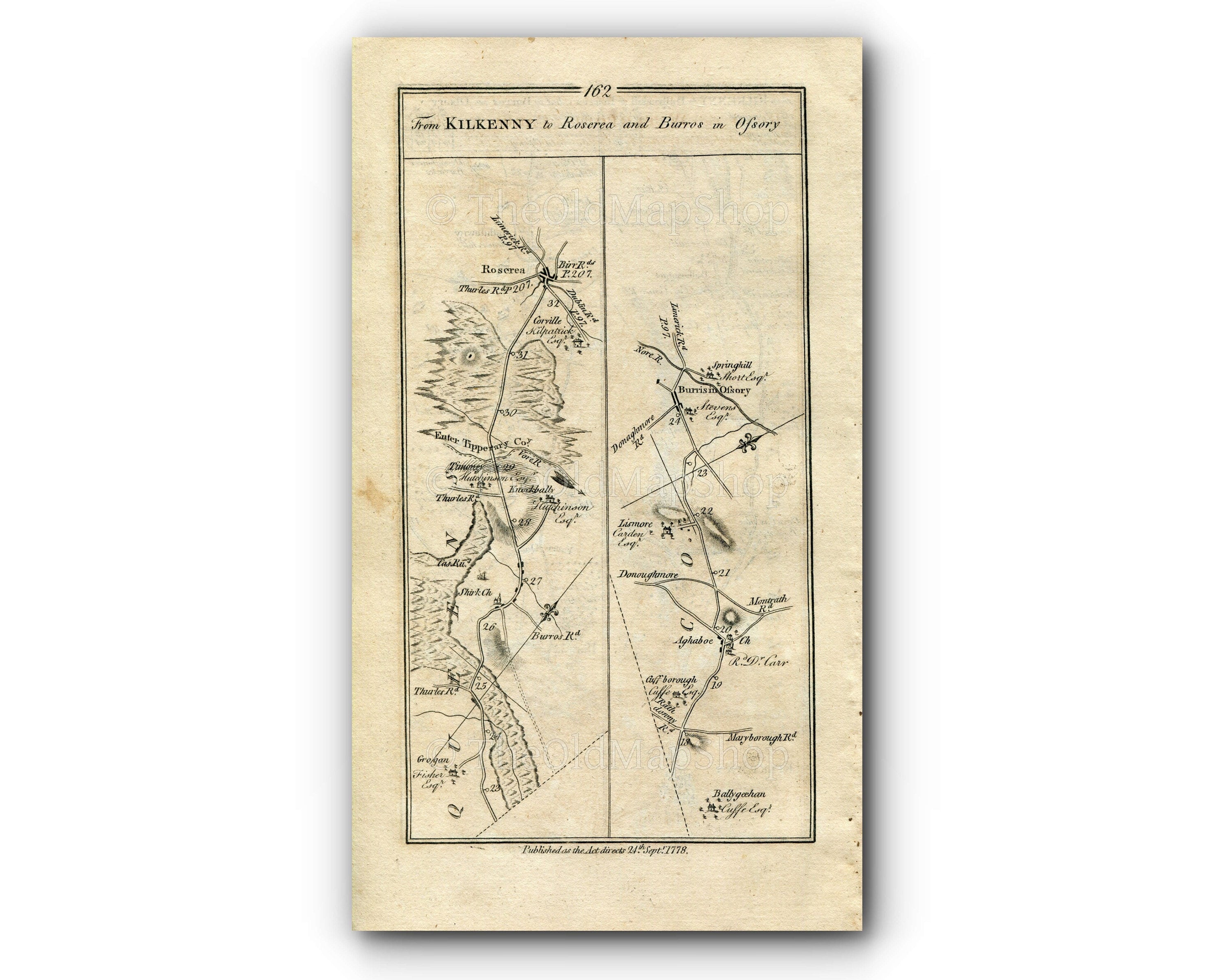 1778 Taylor & Skinner Antique Ireland Road Map 161/162 Kilkenny Ballyragget Ballinakill Durrow Rathdowney Roscrea Borris-in-Ossory Grogan
