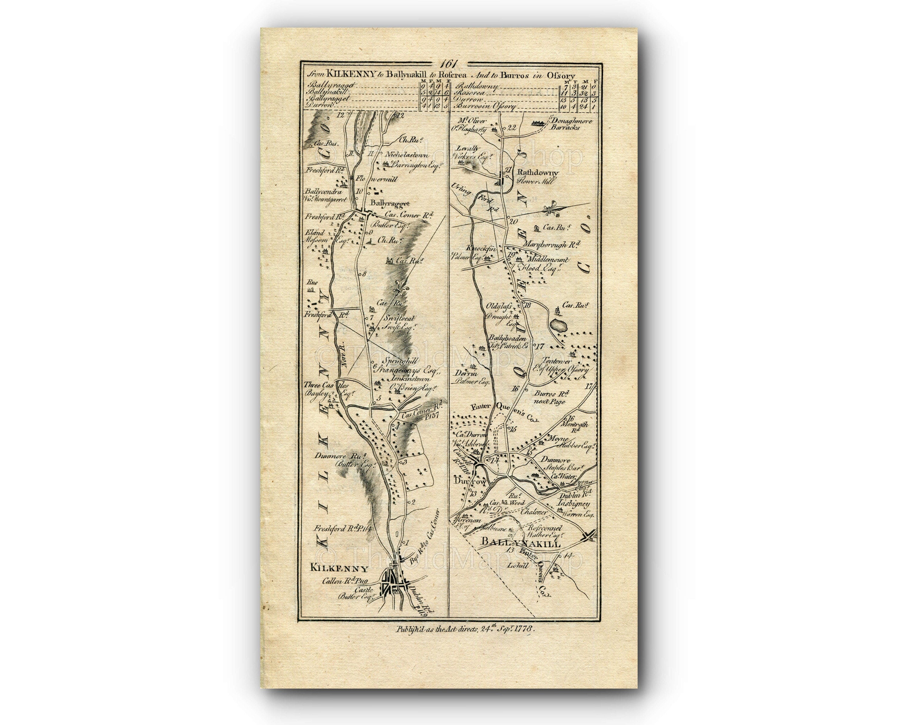 1778 Taylor & Skinner Antique Ireland Road Map 161/162 Kilkenny Ballyragget Ballinakill Durrow Rathdowney Roscrea Borris-in-Ossory Grogan