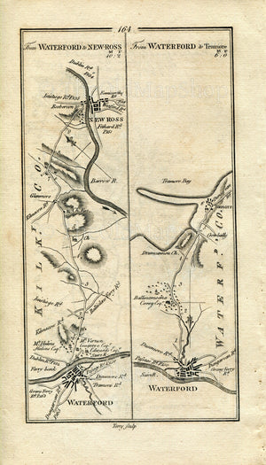 1778 Taylor & Skinner Antique Ireland Road Map 163/164 Waterford Kilmacow Killotteran Portlaw Carrick-On-Suir New Ross Ballinamona Tramore