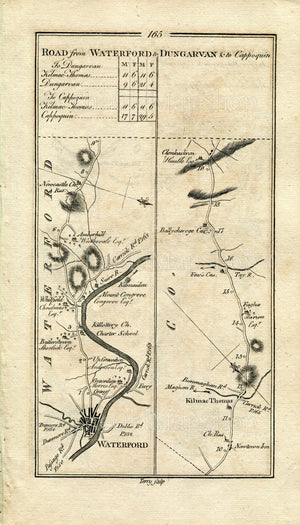 1778 Taylor & Skinner Antique Ireland Road Map 165/166 Waterford Kilmacthomas Dungarvan Whitechurch Cappoquin Carrick-On-Suir Mothel Clonea