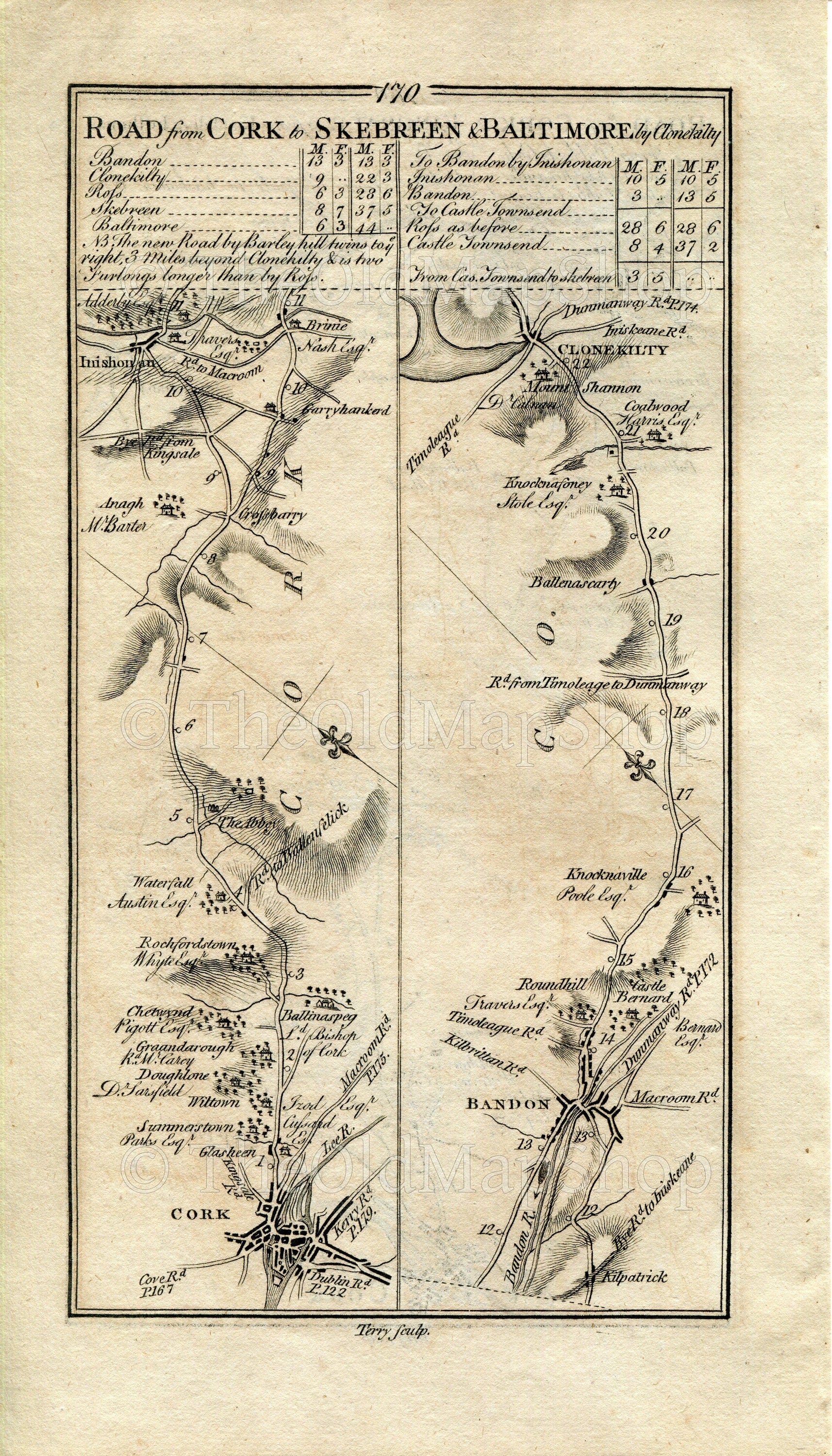 1778 Taylor & Skinner Antique Ireland Road Map 169/170 Cork Kinsale Shippool Inishannon Abbeybridge Bandon Shannonvale Clonakilty
