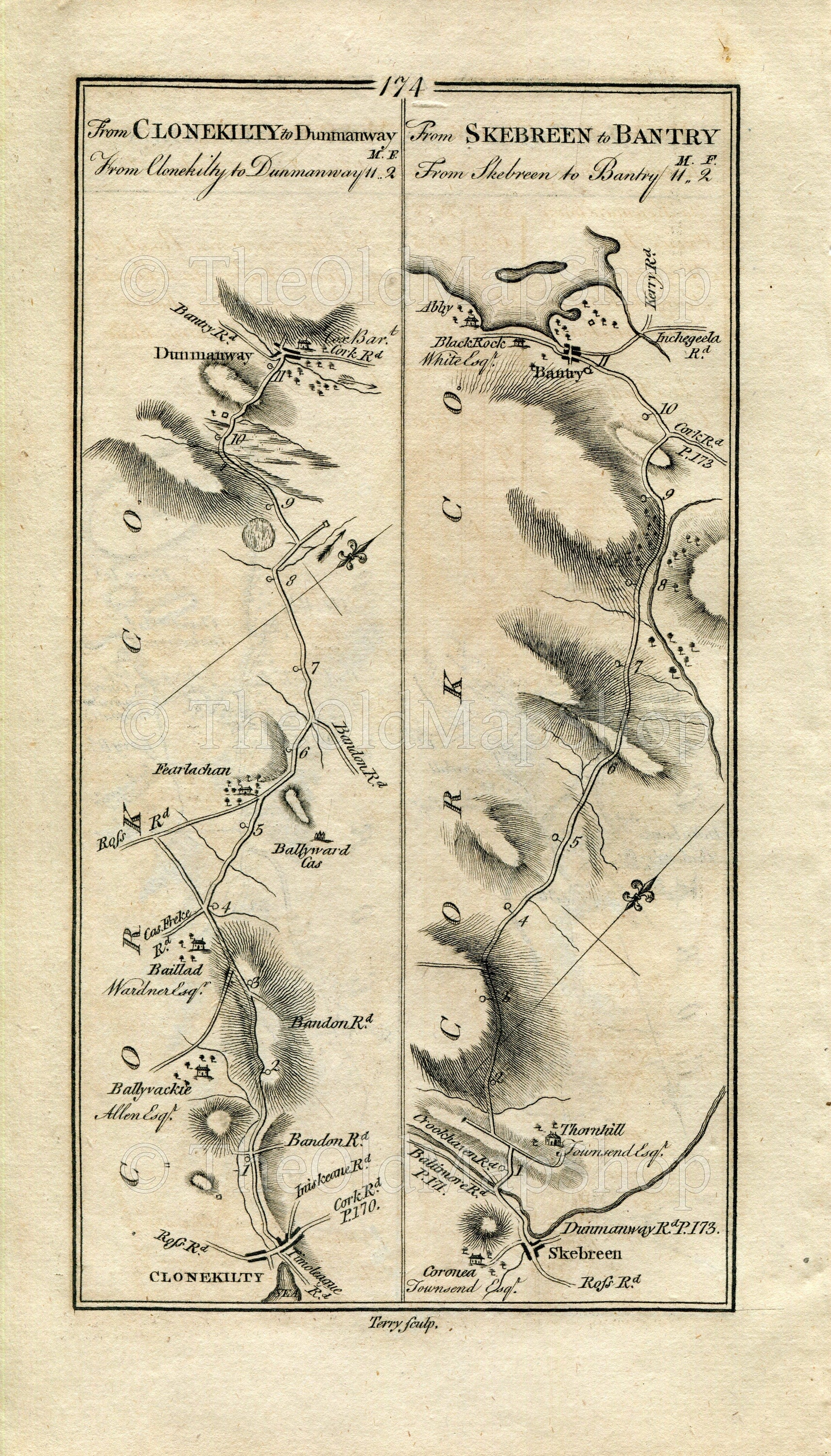 1778 Taylor & Skinner Antique Ireland Road Map 173/174 Skibbereen Bantry Whiddy Island Clonakilty Bealad Dunmanway Thornhill County Cork