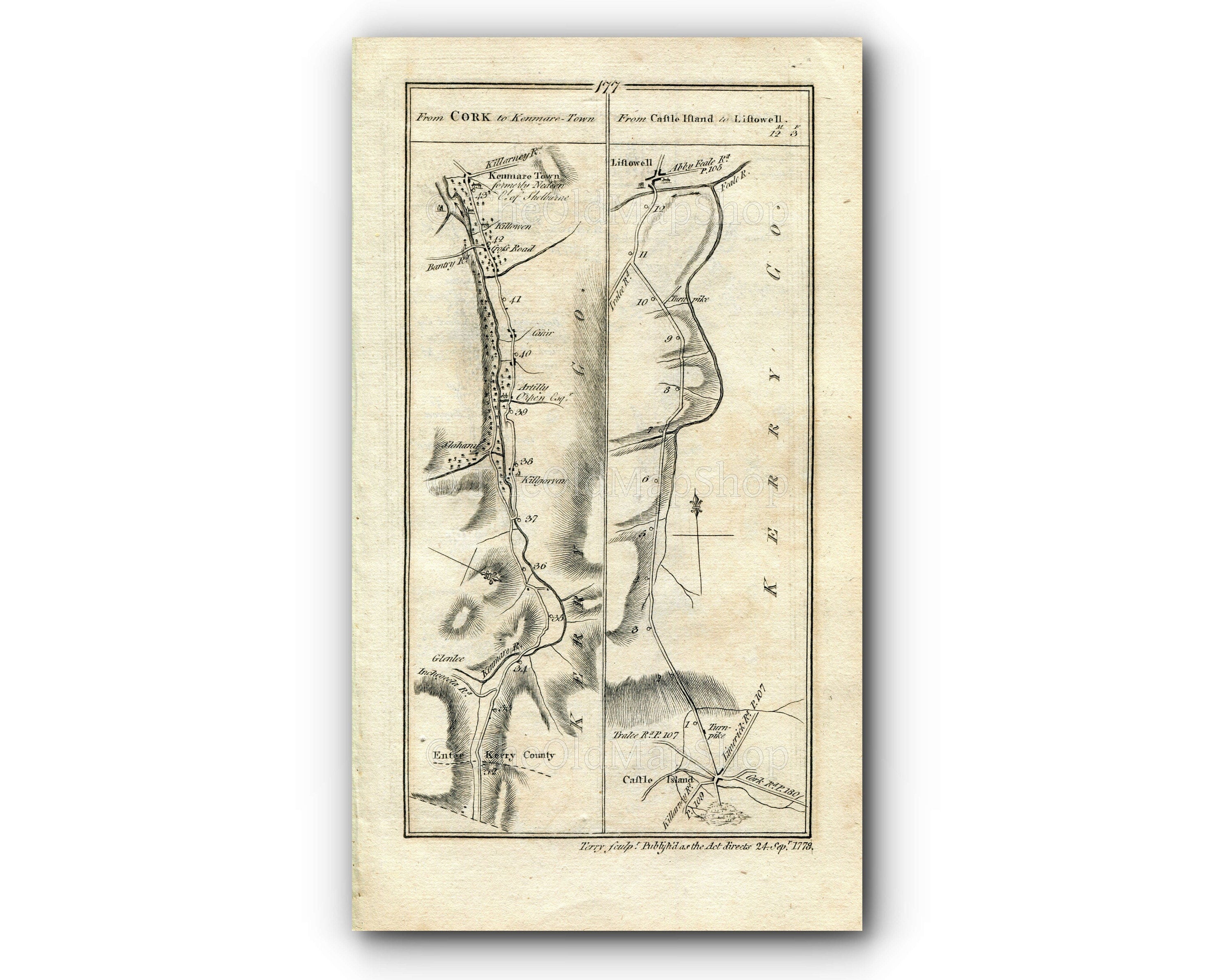 1778 Taylor & Skinner Antique Ireland Road Map 177/178 Kenmare Kilgarvan Castleisland Listowel Millstreet Macroom Coolcower Kilmurry Bandon