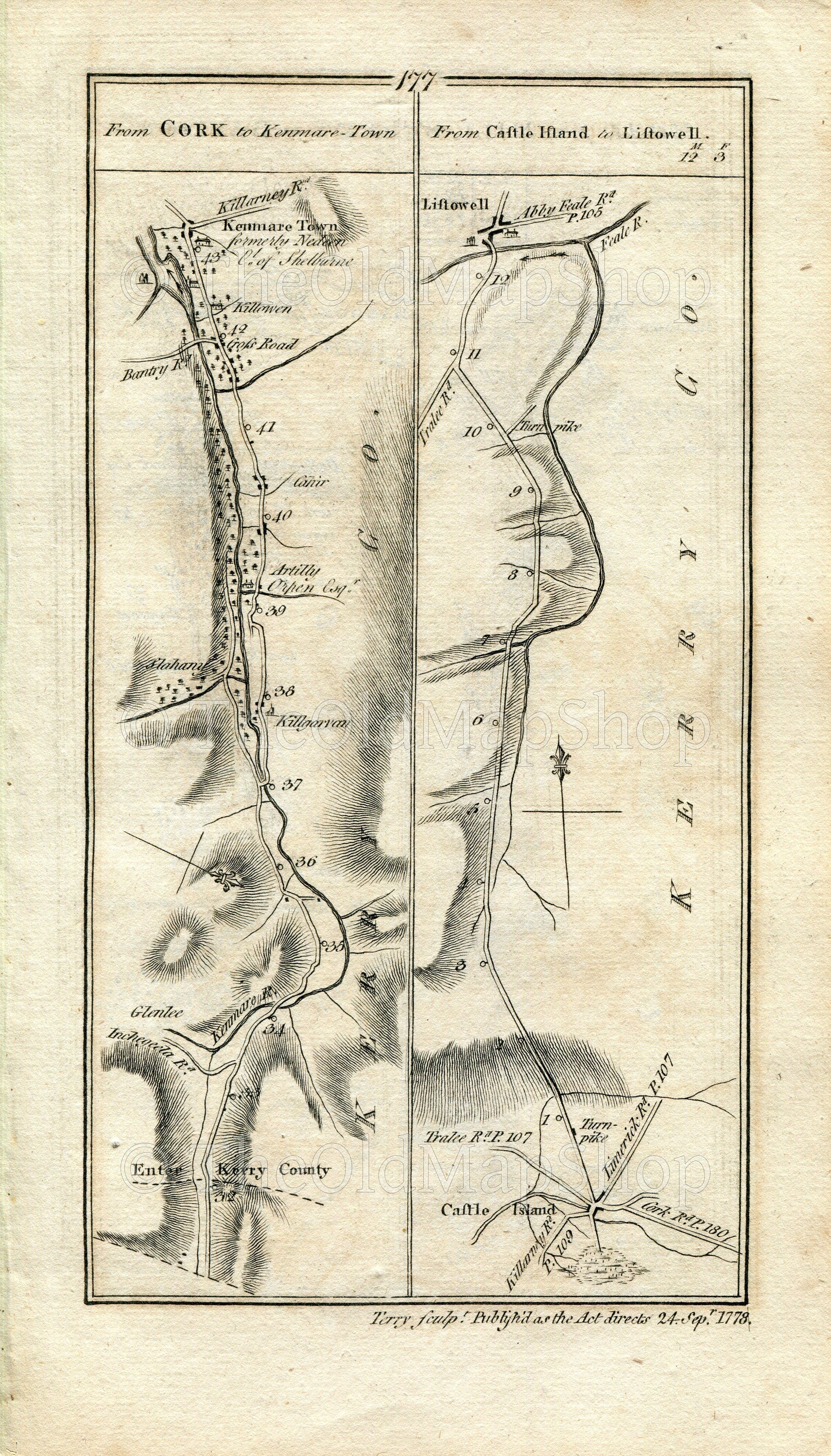 1778 Taylor & Skinner Antique Ireland Road Map 177/178 Kenmare Kilgarvan Castleisland Listowel Millstreet Macroom Coolcower Kilmurry Bandon