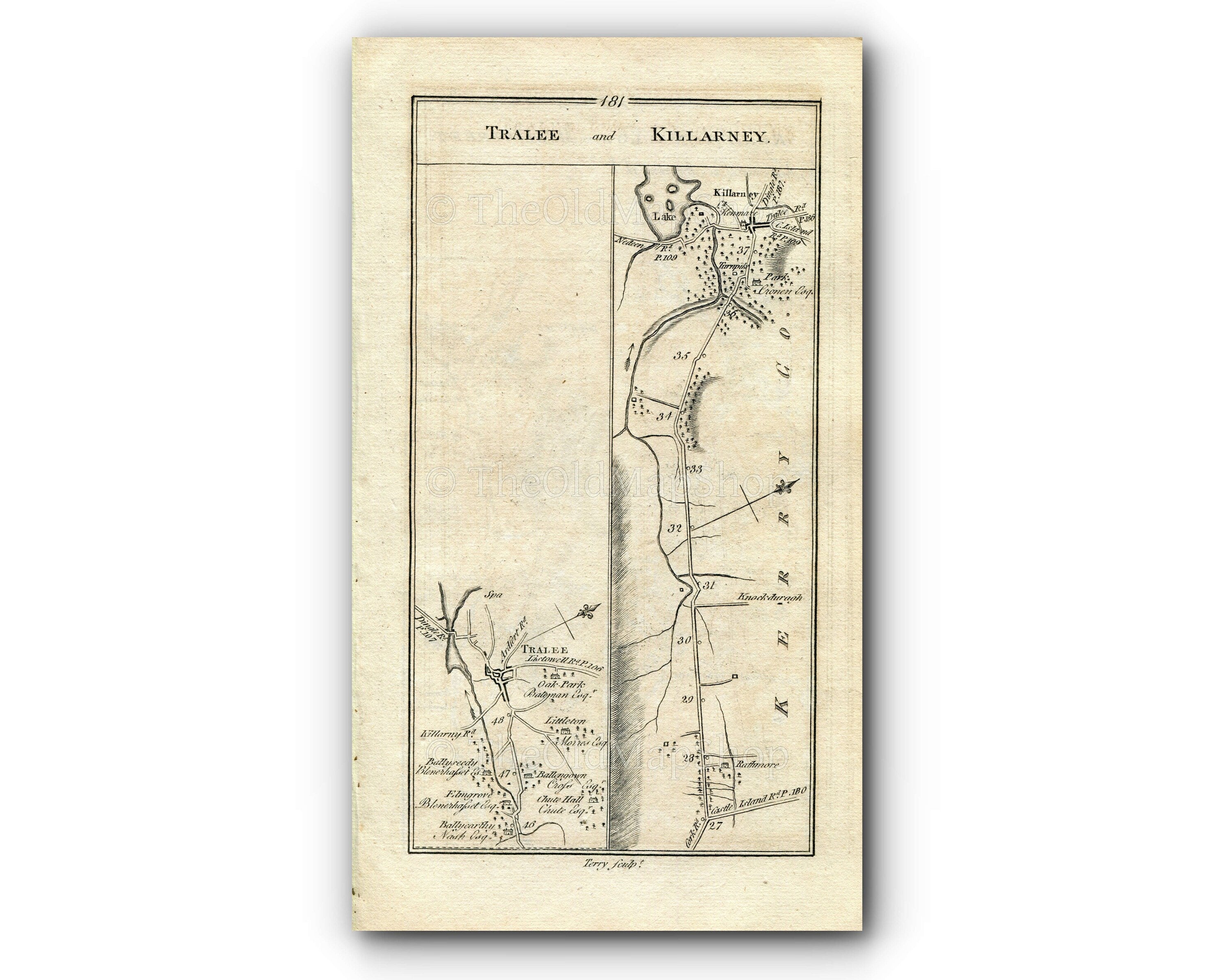 1778 Taylor & Skinner Antique Ireland Road Map 181/182 Tralee Ballyseedy Rathmore Killarney Mallow Lombardstown Keale Drishane Millstreet