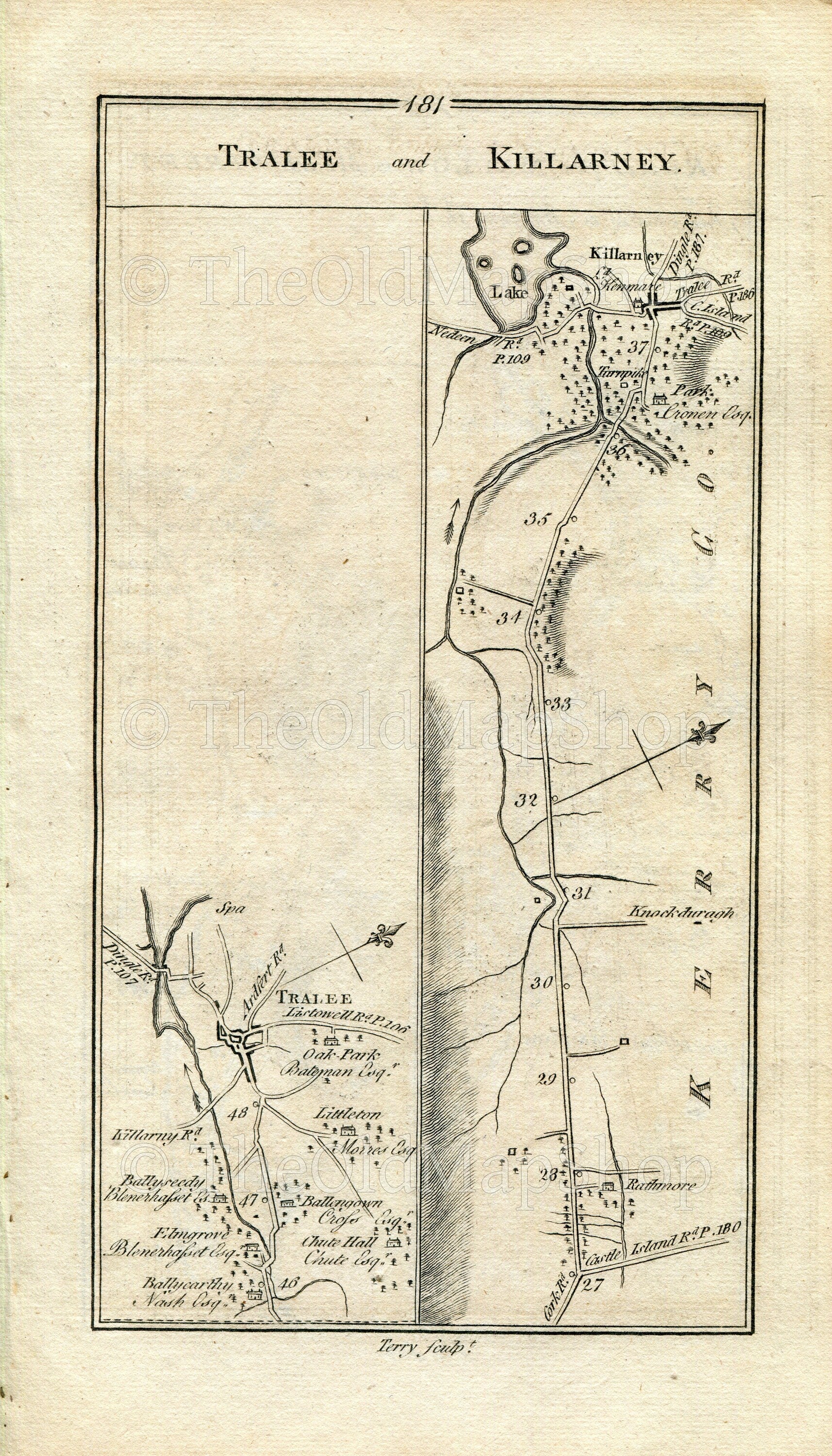1778 Taylor & Skinner Antique Ireland Road Map 181/182 Tralee Ballyseedy Rathmore Killarney Mallow Lombardstown Keale Drishane Millstreet