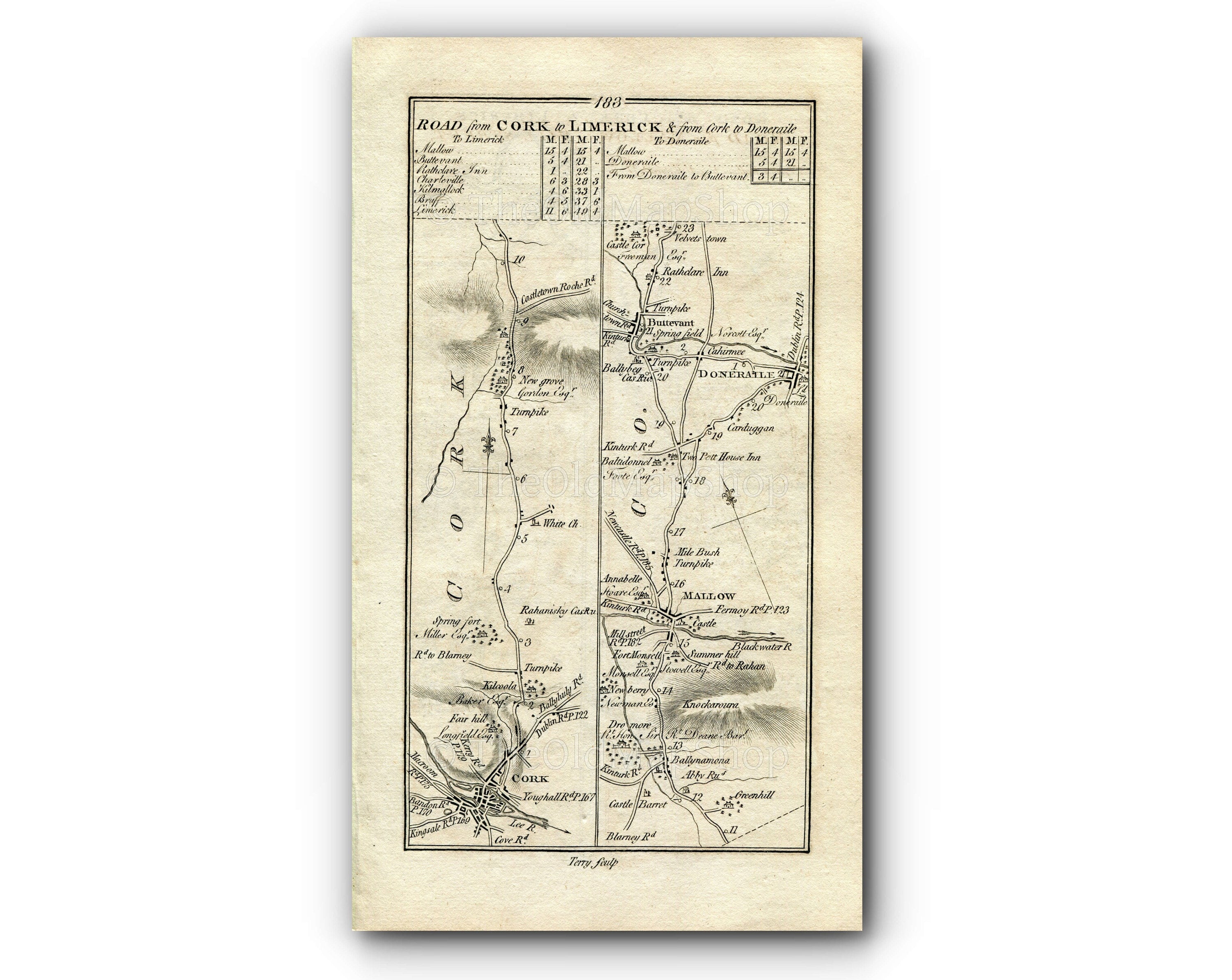 1778 Taylor & Skinner Antique Ireland Road Map 183/184 Cork Ballynamona Mallow Buttervant Doneraile Charleville Kilmallock Bruff Limerick