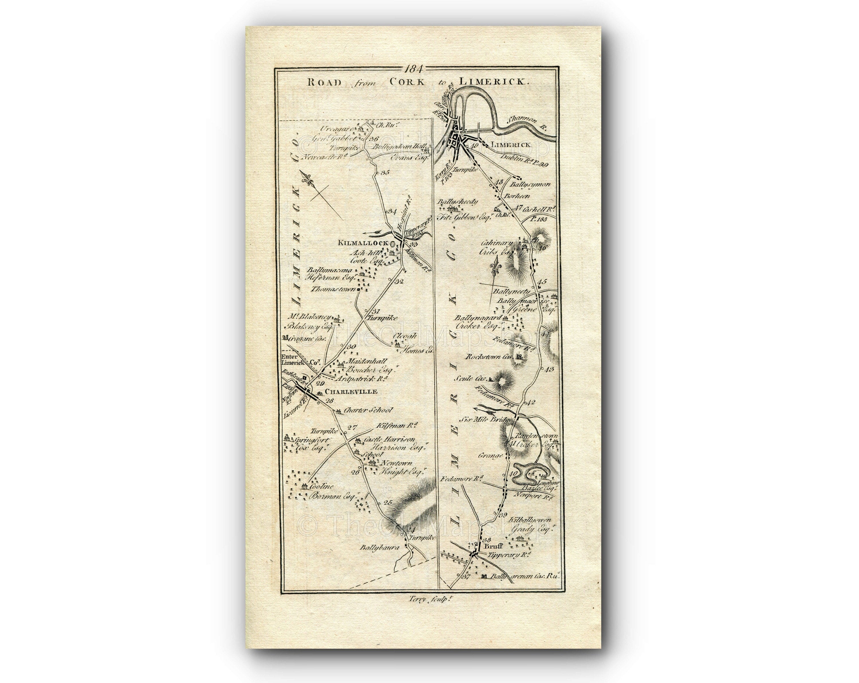 1778 Taylor & Skinner Antique Ireland Road Map 183/184 Cork Ballynamona Mallow Buttervant Doneraile Charleville Kilmallock Bruff Limerick