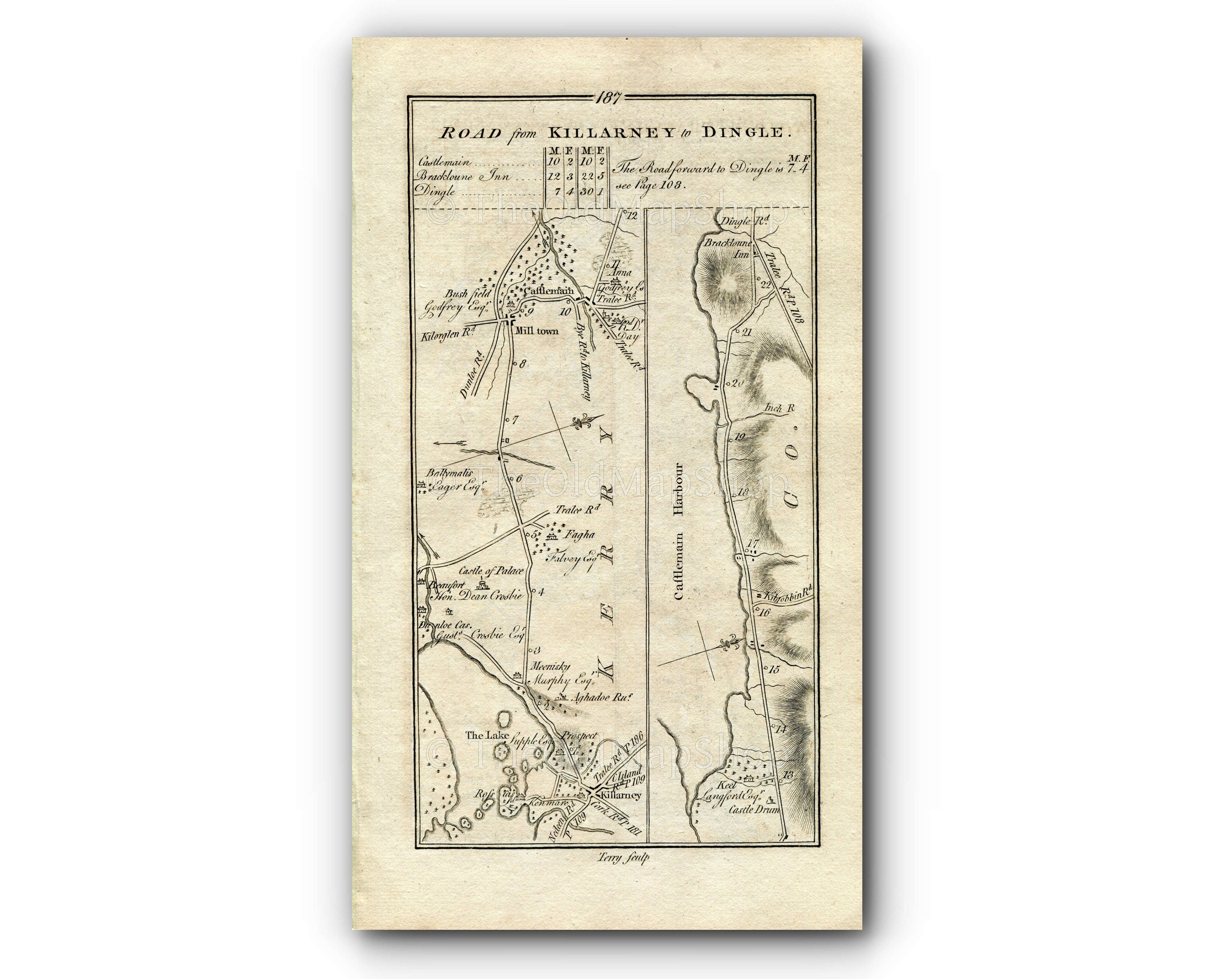 1778 Taylor & Skinner Antique Ireland Road Map 187/188 Killarney Milltown Castlemaine Brackluin Limerick Caherconlish Pallasgreen Tipperary