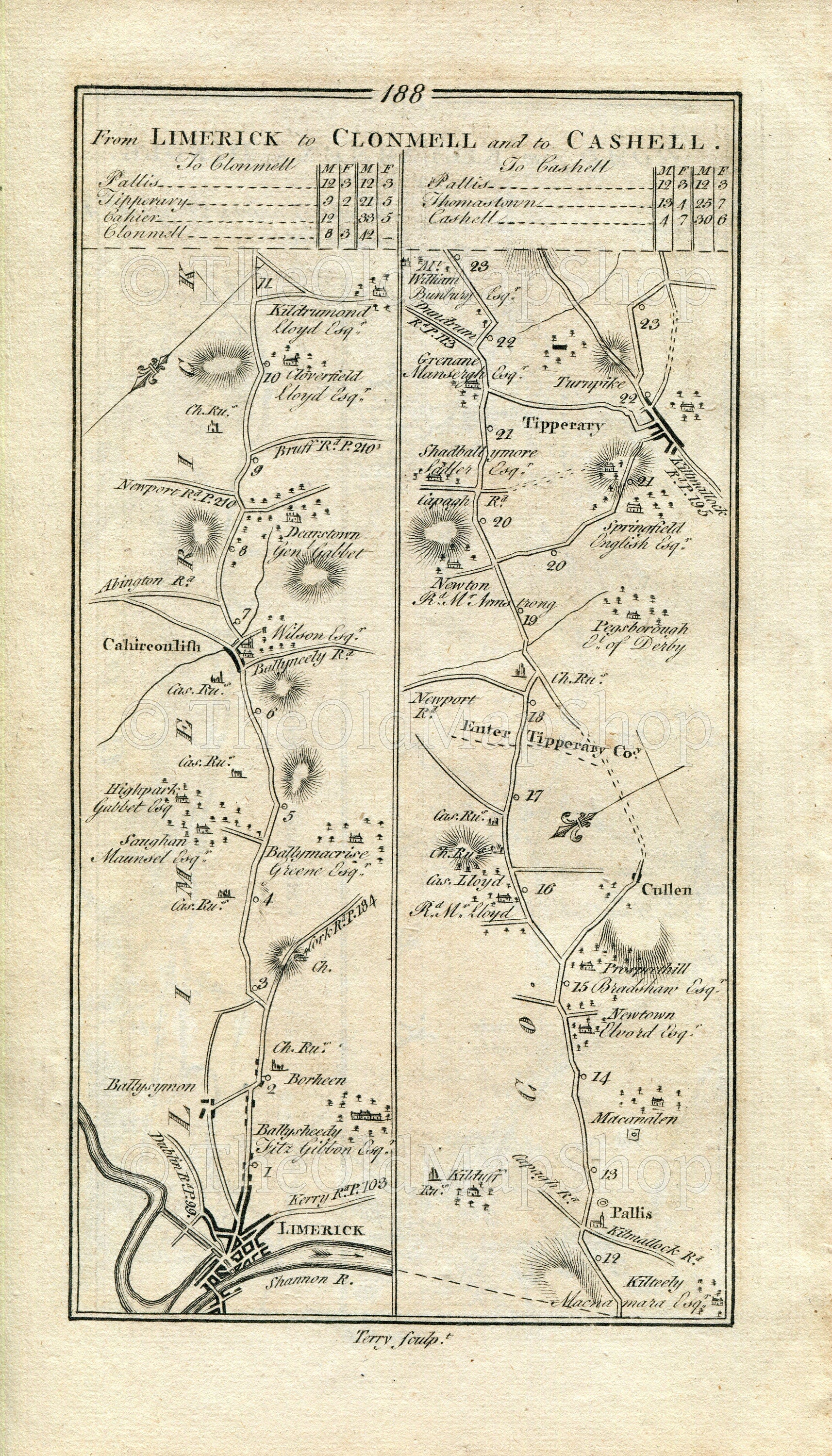 1778 Taylor & Skinner Antique Ireland Road Map 187/188 Killarney Milltown Castlemaine Brackluin Limerick Caherconlish Pallasgreen Tipperary