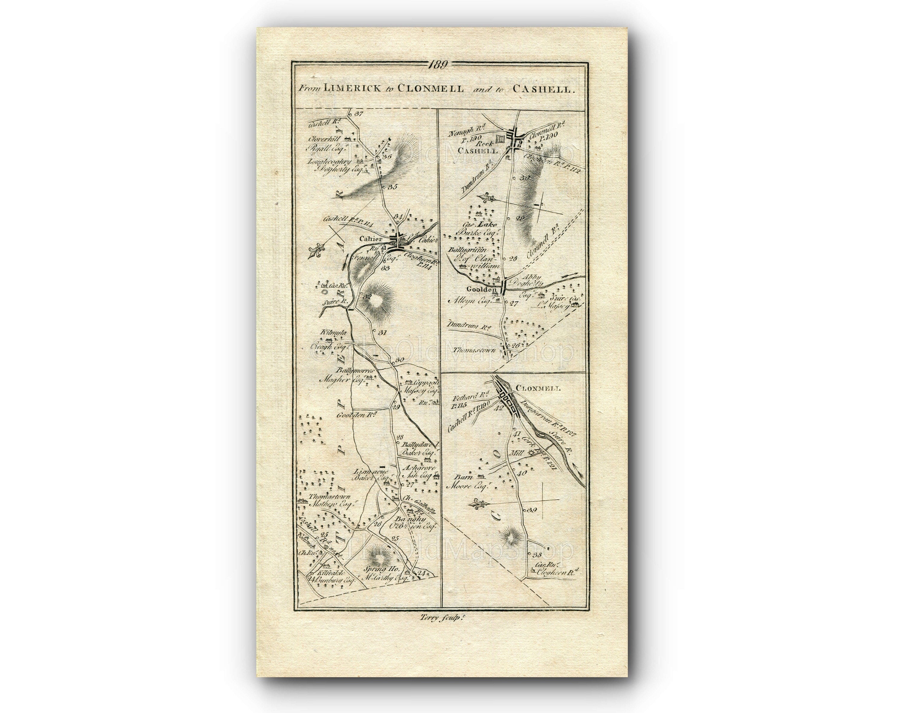 1778 Taylor & Skinner Antique Ireland Road Map 189/190 Cahir Clonmel Golden Cashel Rathronan Holycross Farneybridge Thurles Tipperary