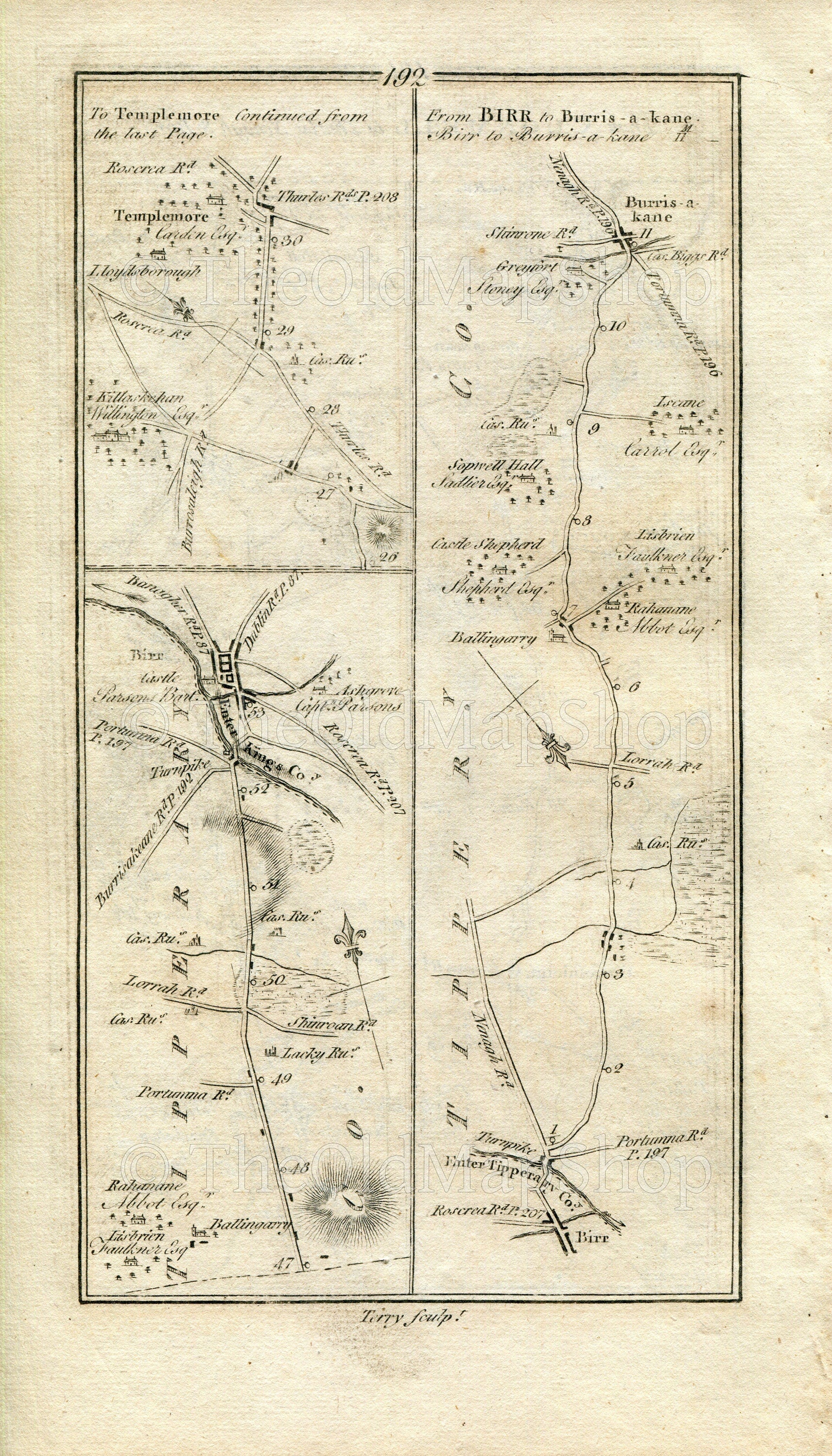 1778 Taylor & Skinner Antique Ireland Road Map 191/192 Borrisoleigh Nenagh Beechwood Birr Templemore Castlesheppard Borrisokane Tipperary