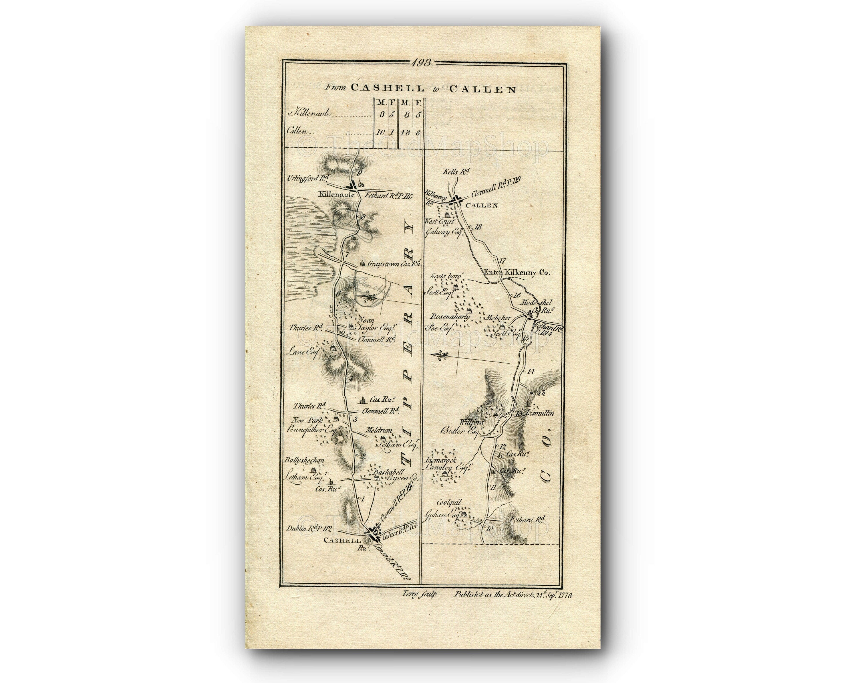 1778 Taylor & Skinner Antique Ireland Road Map 193/194 Cashel Killenaule Callan Modeshill Wilford Mullinahone Cloneen Fethard Tipperary