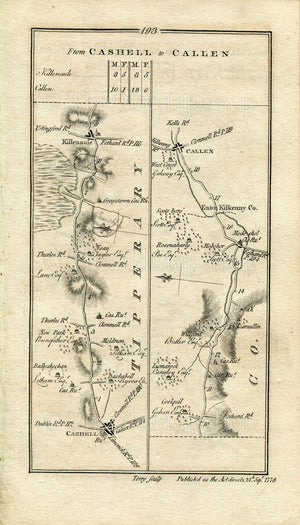 1778 Taylor & Skinner Antique Ireland Road Map 193/194 Cashel Killenaule Callan Modeshill Wilford Mullinahone Cloneen Fethard Tipperary