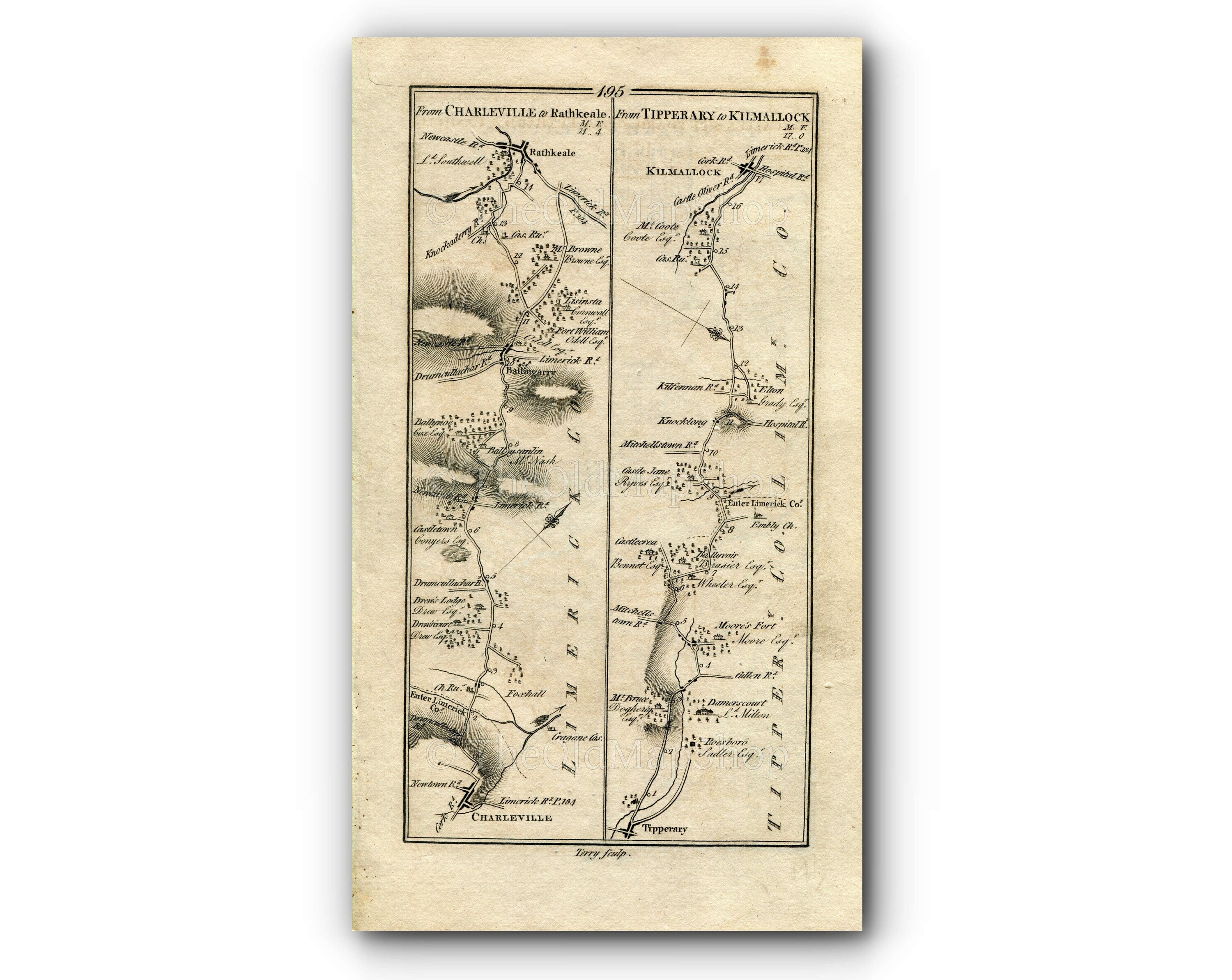 1778 Taylor & Skinner Antique Ireland Road Map 195/196 Charleville Ballingarry Rathkeale Tipperary Kilmallock Nenagh Borrisokane Portumna