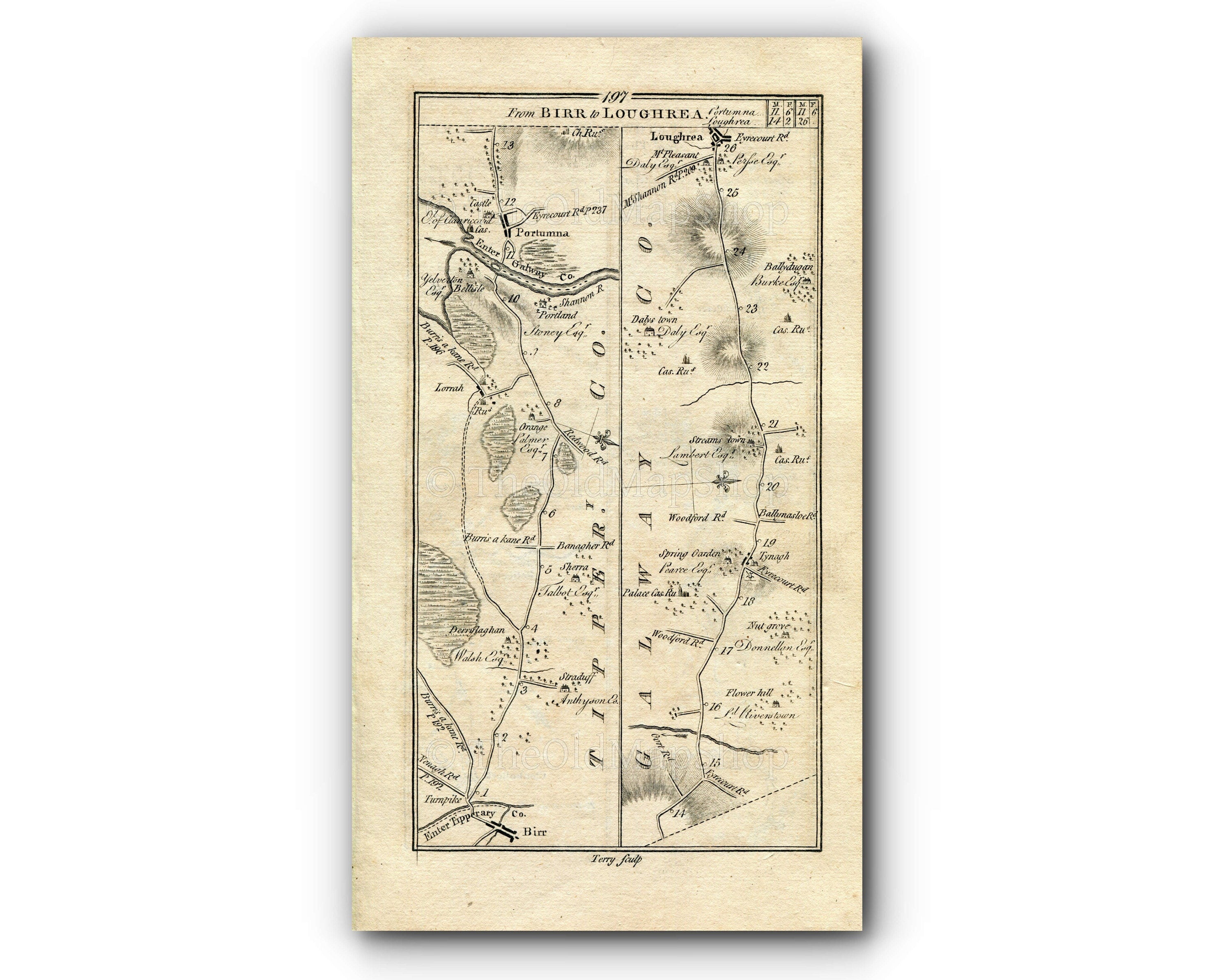 1778 Taylor & Skinner Antique Ireland Road Map 197/198 Birr Portumna Loughrea Daingean Edenderry Clonbulloge Rathangan Dunmurry Kildare