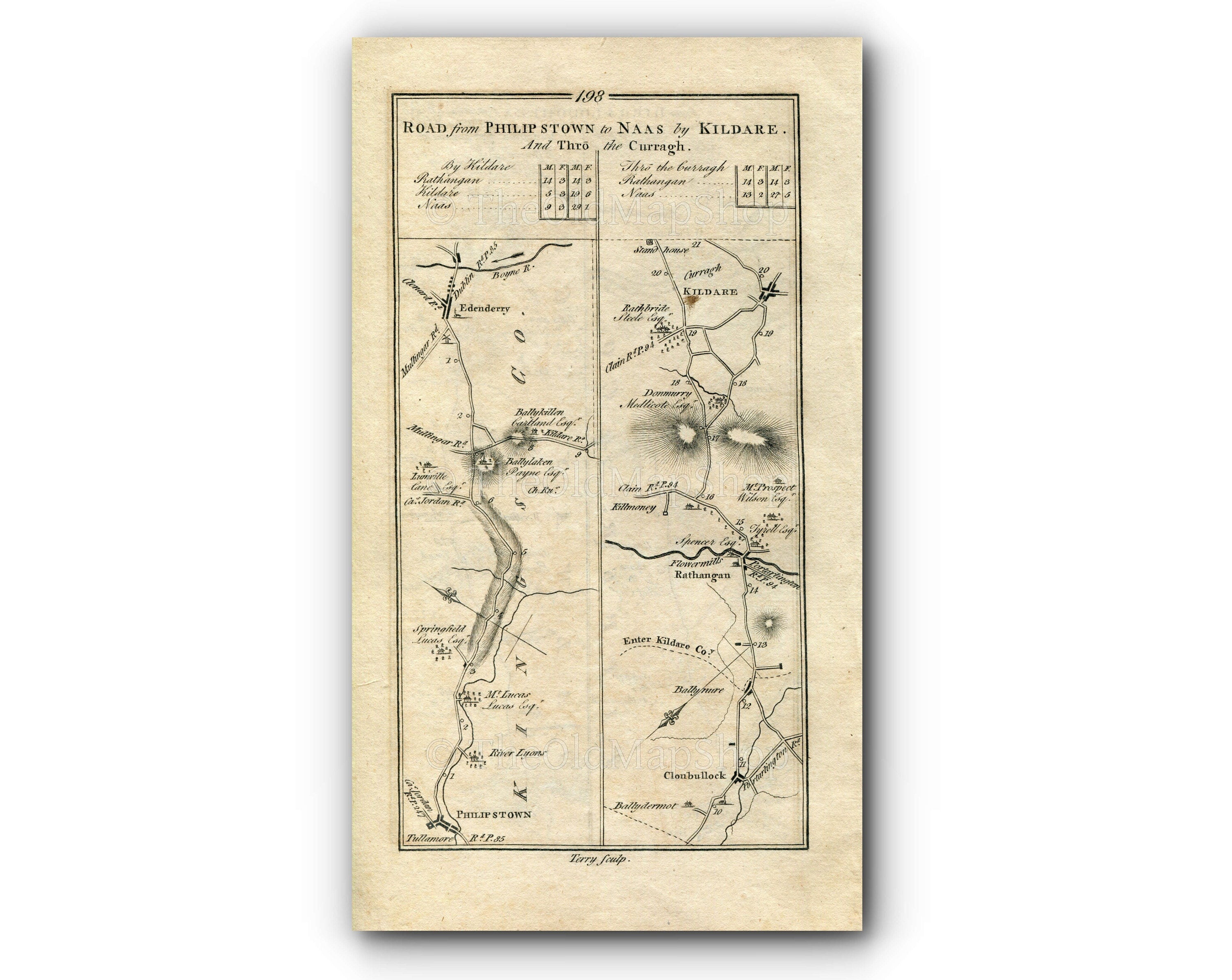 1778 Taylor & Skinner Antique Ireland Road Map 197/198 Birr Portumna Loughrea Daingean Edenderry Clonbulloge Rathangan Dunmurry Kildare