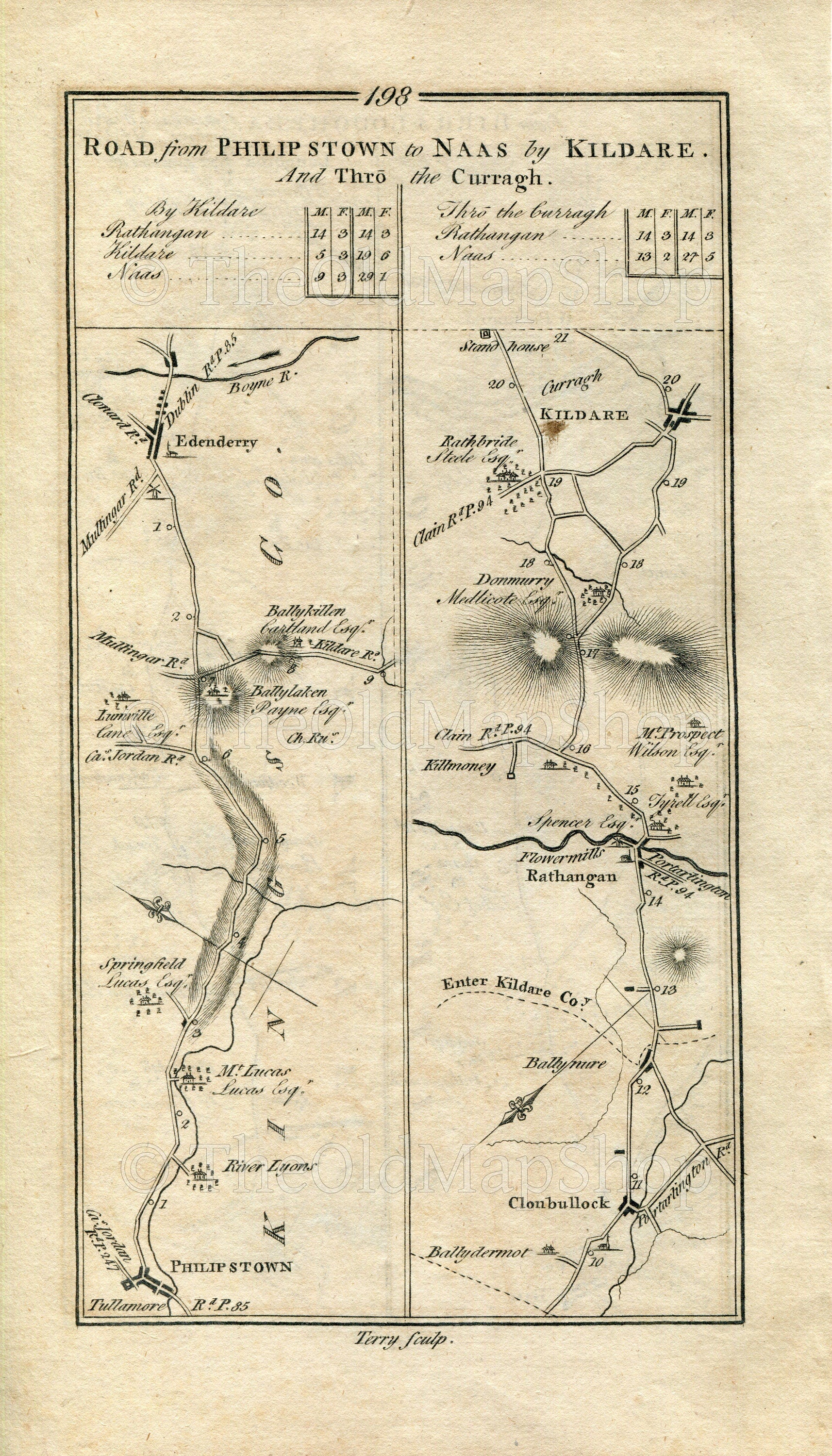 1778 Taylor & Skinner Antique Ireland Road Map 197/198 Birr Portumna Loughrea Daingean Edenderry Clonbulloge Rathangan Dunmurry Kildare