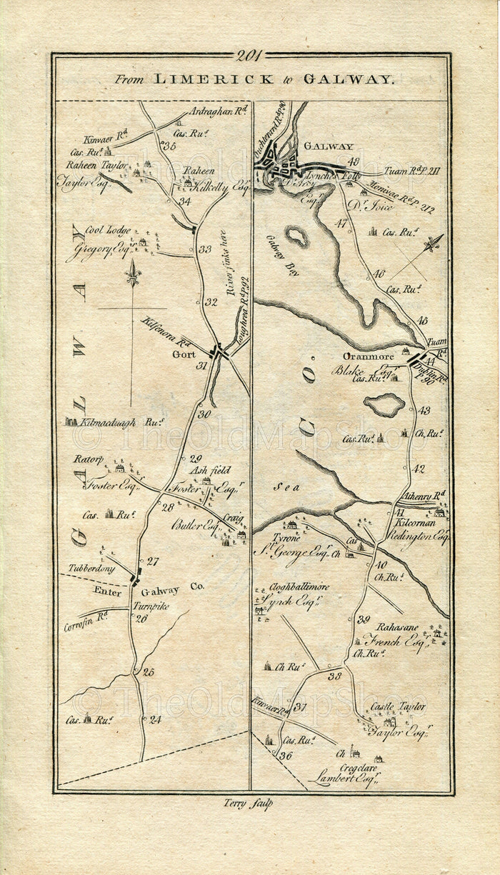 1778 Taylor & Skinner Antique Ireland Road Map 201/202 Gort Kilcolgan Oranmore Galway Sixmilebridge Ralahine Ballycar Quin Clarecastle Ennis